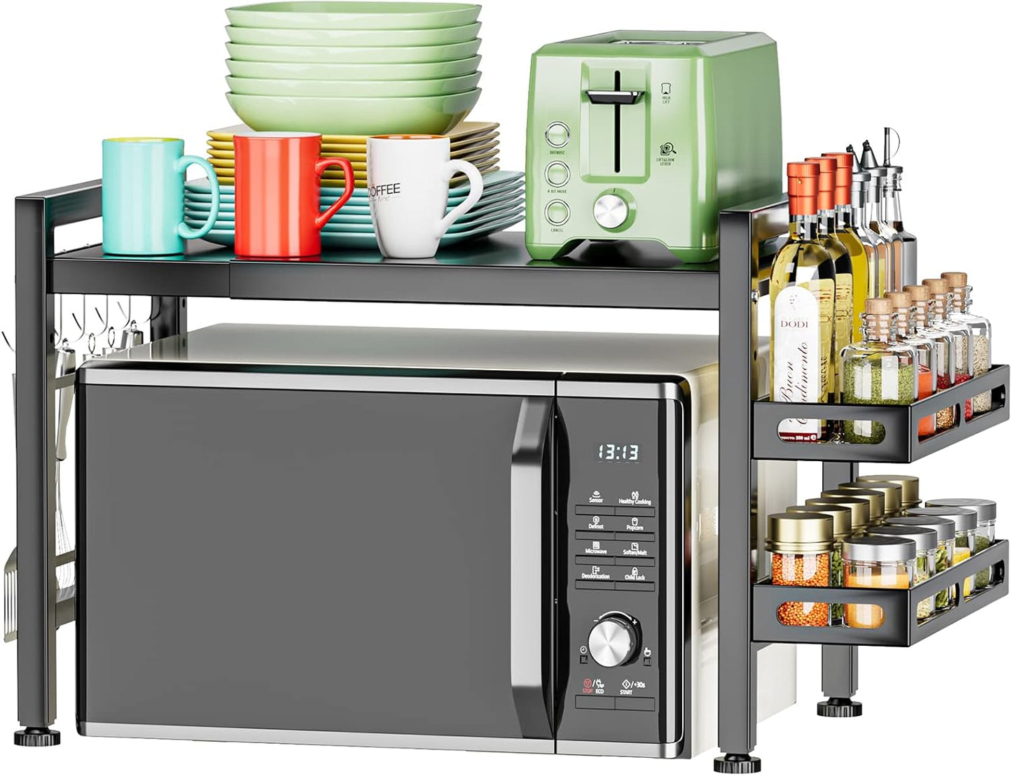 YIUKEA Extendable Microwave Shelf - 2 Tier Kitchen Stand with Spice Rack & Hooks
