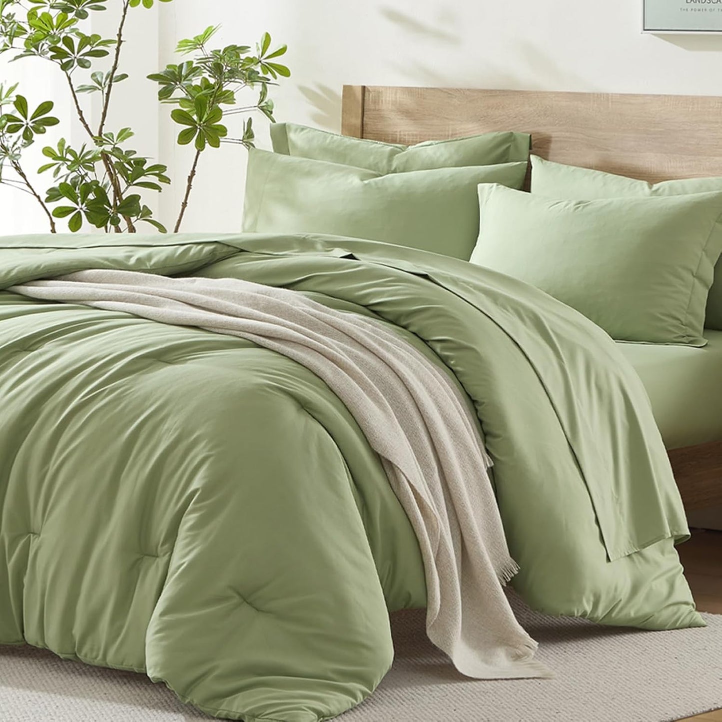 California King Comforter Set 7 Piece in Sage Green for Cozy Sleep