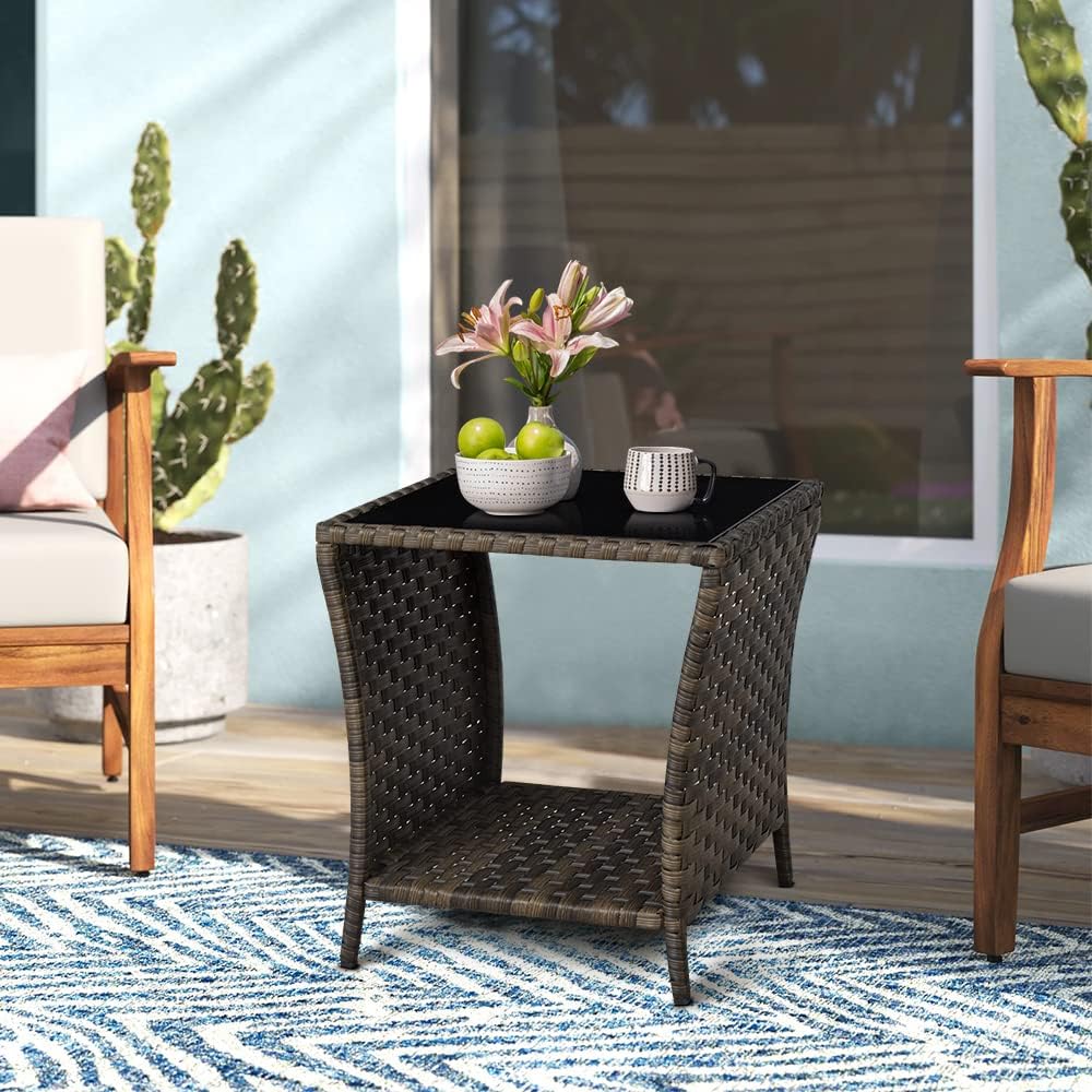 FIZZEEY Outdoor Side Table - Stylish Wicker End Table with Storage
