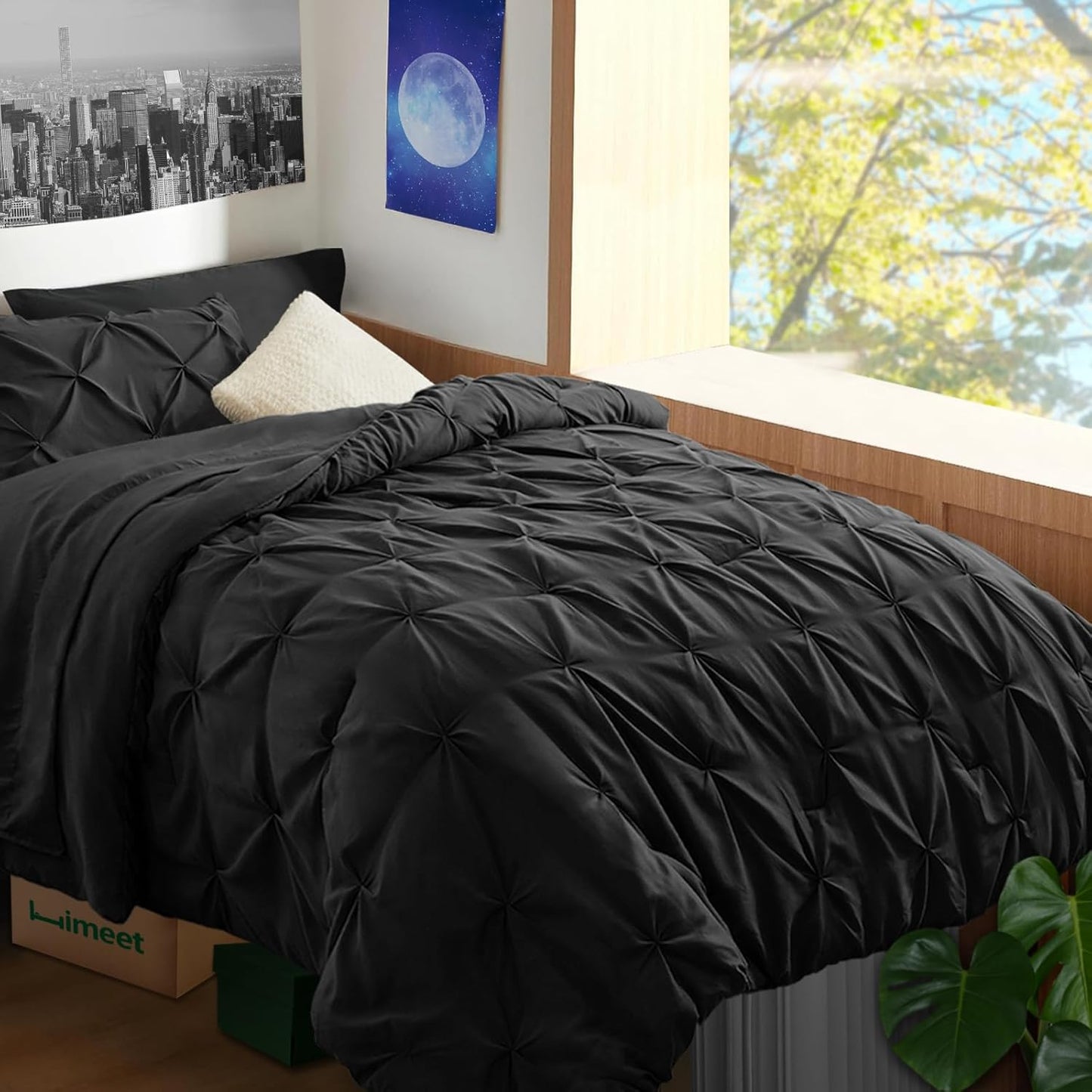 Twin XL Comforter Set 5 Pieces Black Pintuck Bedding Set