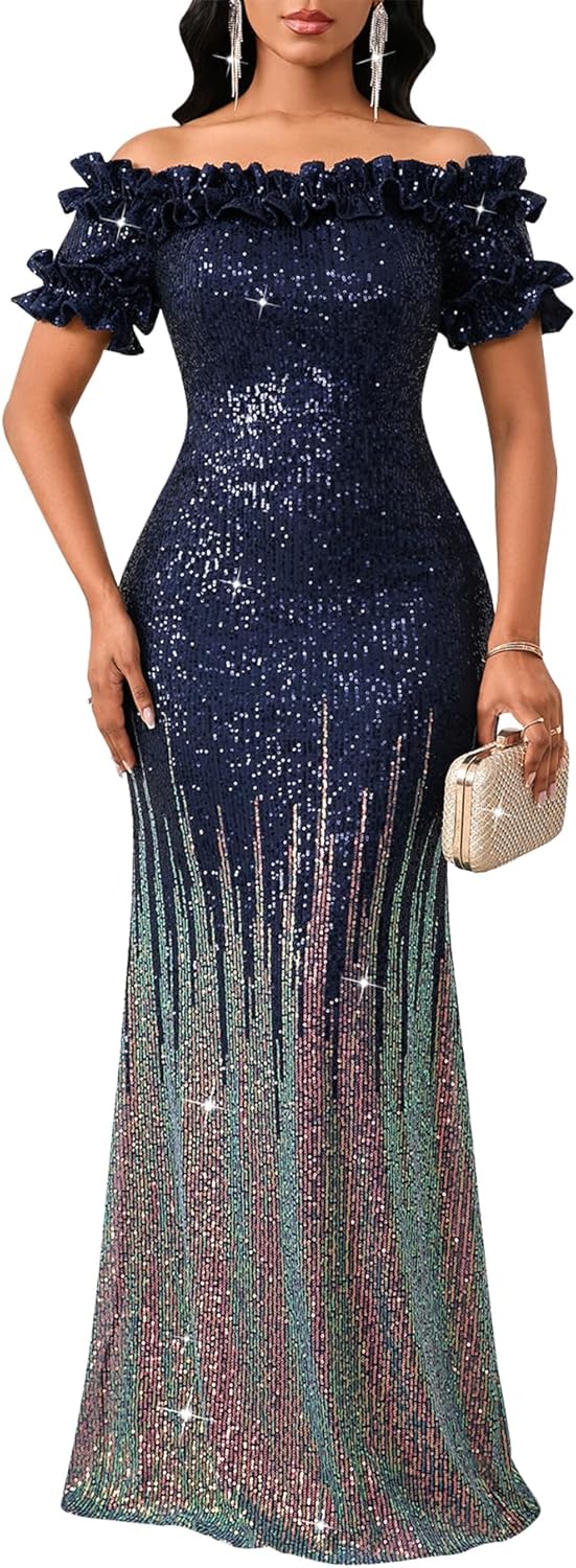 Women Sexy Sequin Off Shoulder Ruffle Bodycon Mermaid Dress