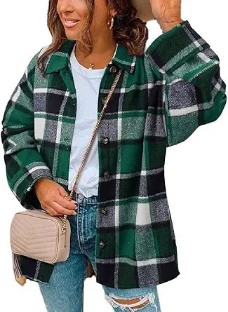 ZOLUCKY Women's Casual Plus Size Flannel Shacket Jacket