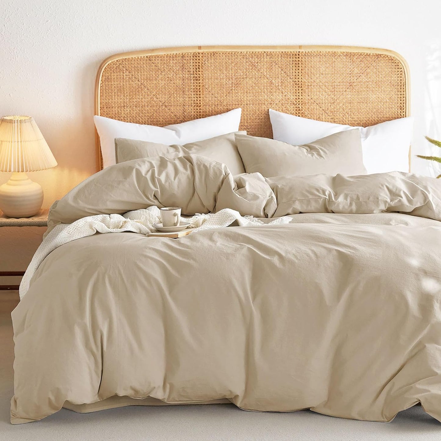 Cotton Duvet Cover Set in Khaki Linen Color for Queen Size