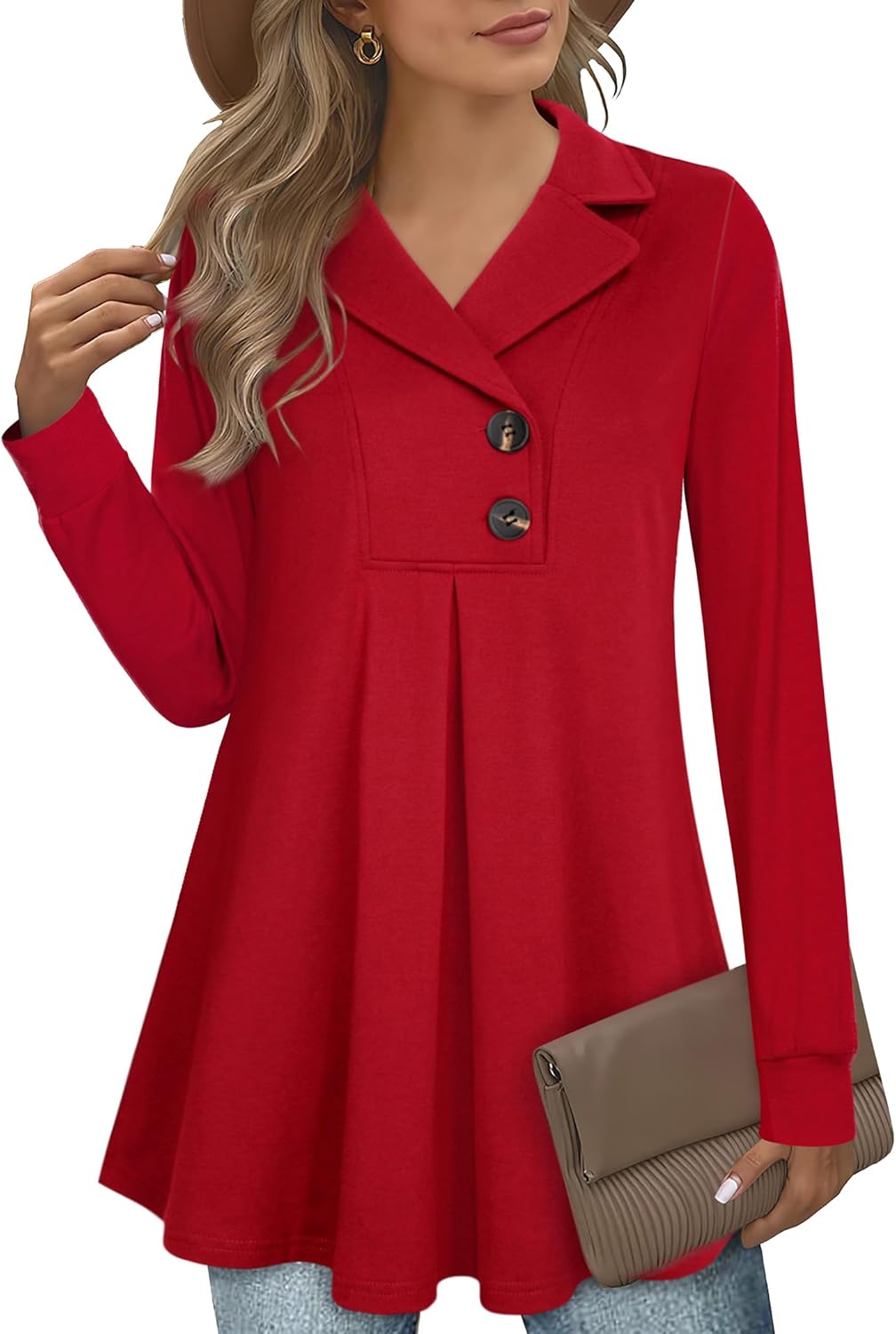 Gaharu Women's Swing Tunic Notch Collar Long Sleeve Pullover