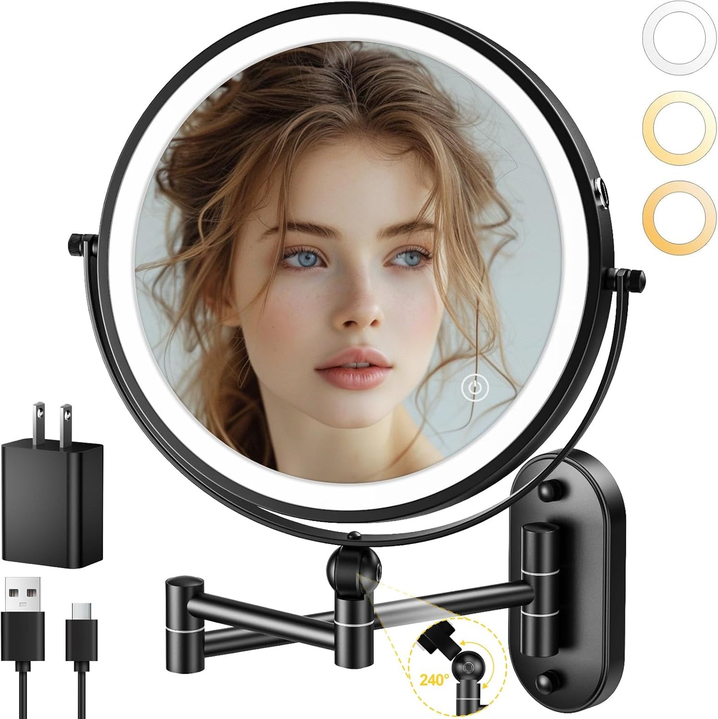 9in Wall Mounted Lighted Makeup Mirror with 360 Rotation Arm