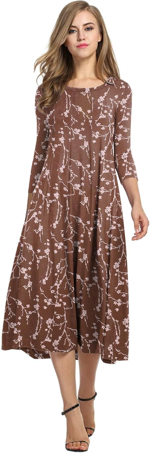 HOTOUCH Women's 3/4 Sleeve A-line Midi Long Dress for Elegance