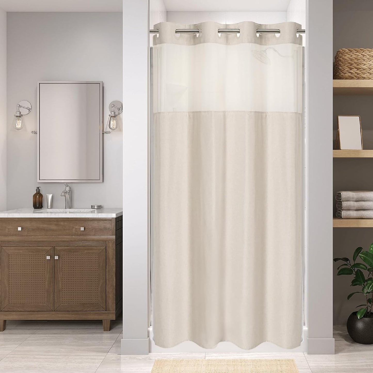 Linen Textured Shower Curtain Set - Waterproof & Washable Decor