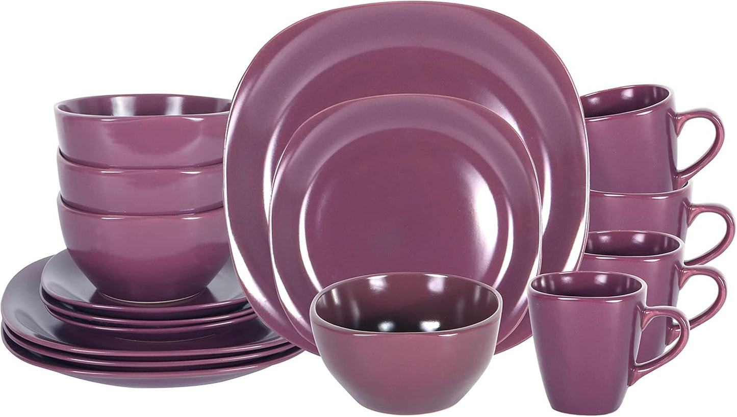 Stoneware Square 16pc Dinnerware Set in Matte Purple for Modern Dining