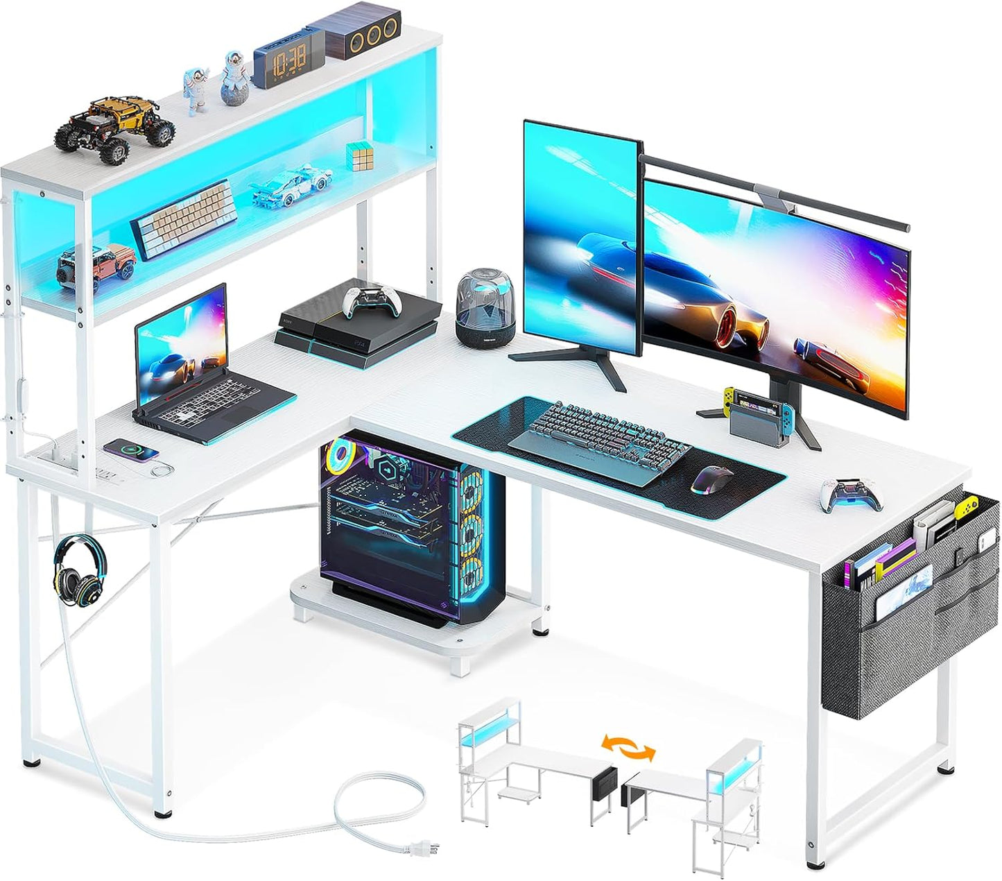 53 L Shaped Gaming Desk with LED Light - White