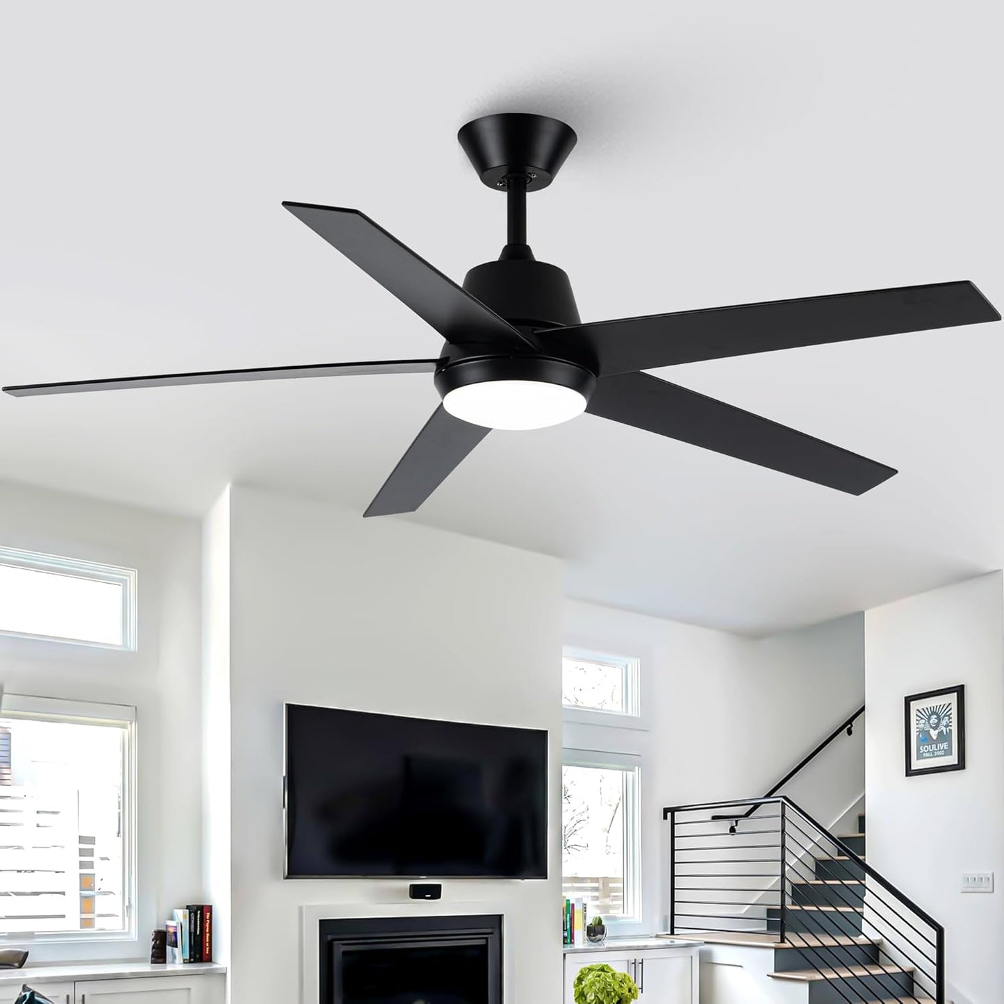 52 Inch Black Ceiling Fan with Lights and Remote Control
