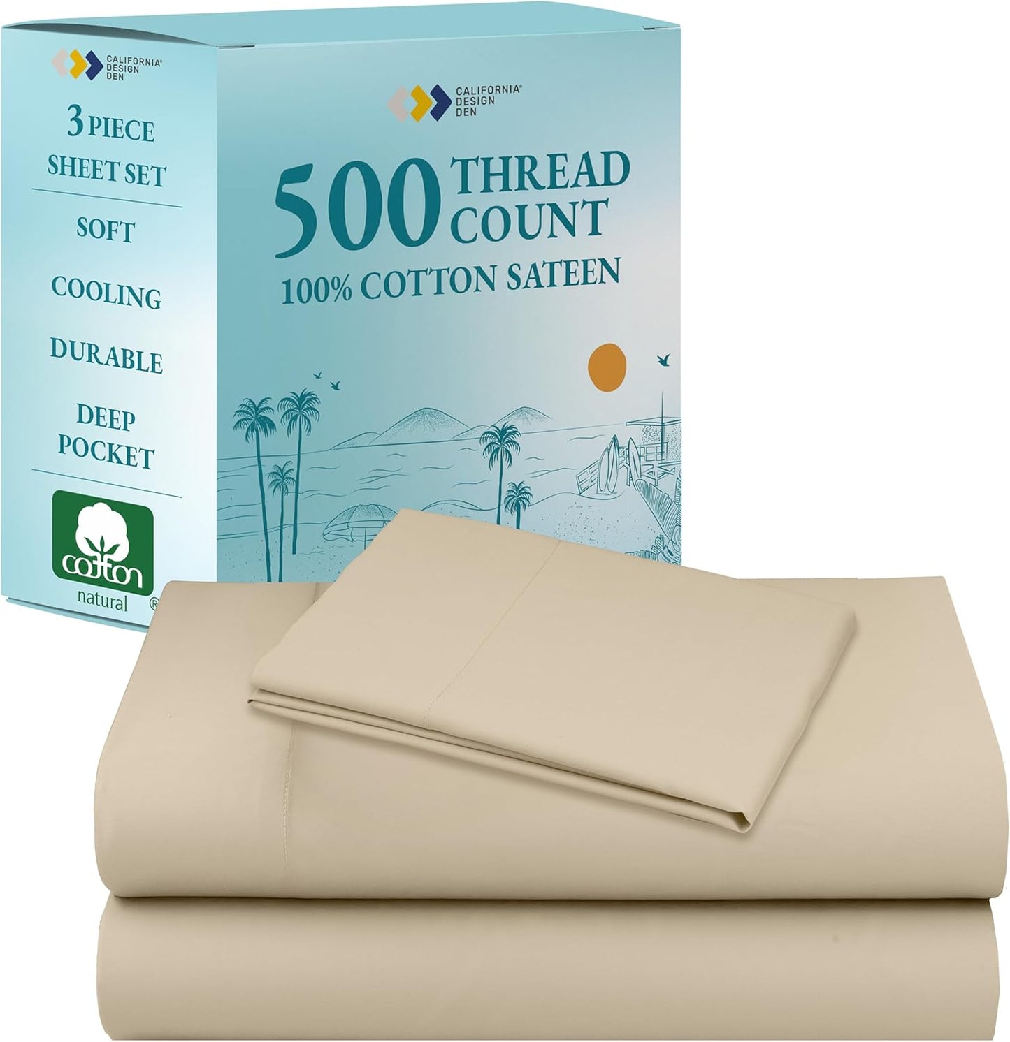 California Design Den Twin Bed Sheets Set - 500 Thread Count Sateen