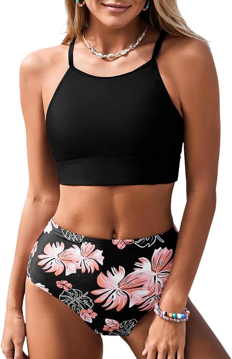 Herseas Women's High Neck Tropical Leaf Print Bikini Set