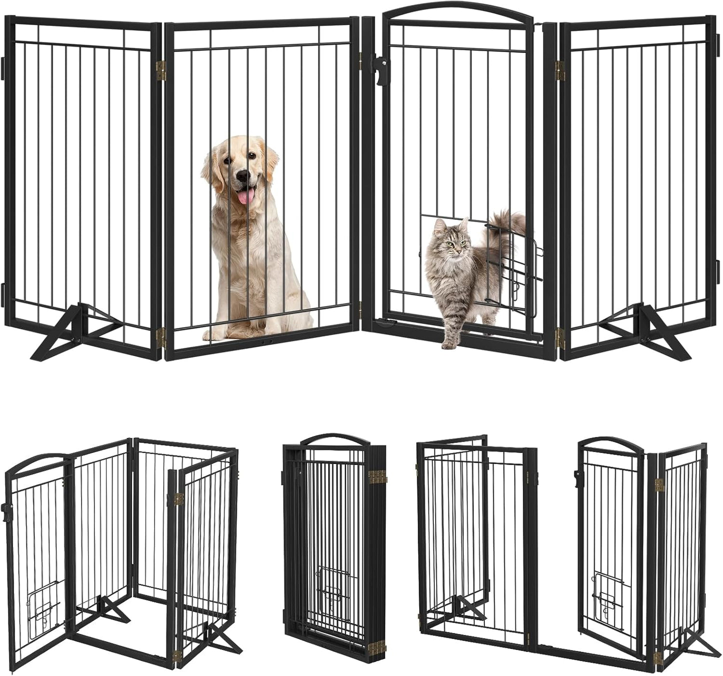 Metal Free Standing Dog Gate with Cat Door for Indoor Outdoor