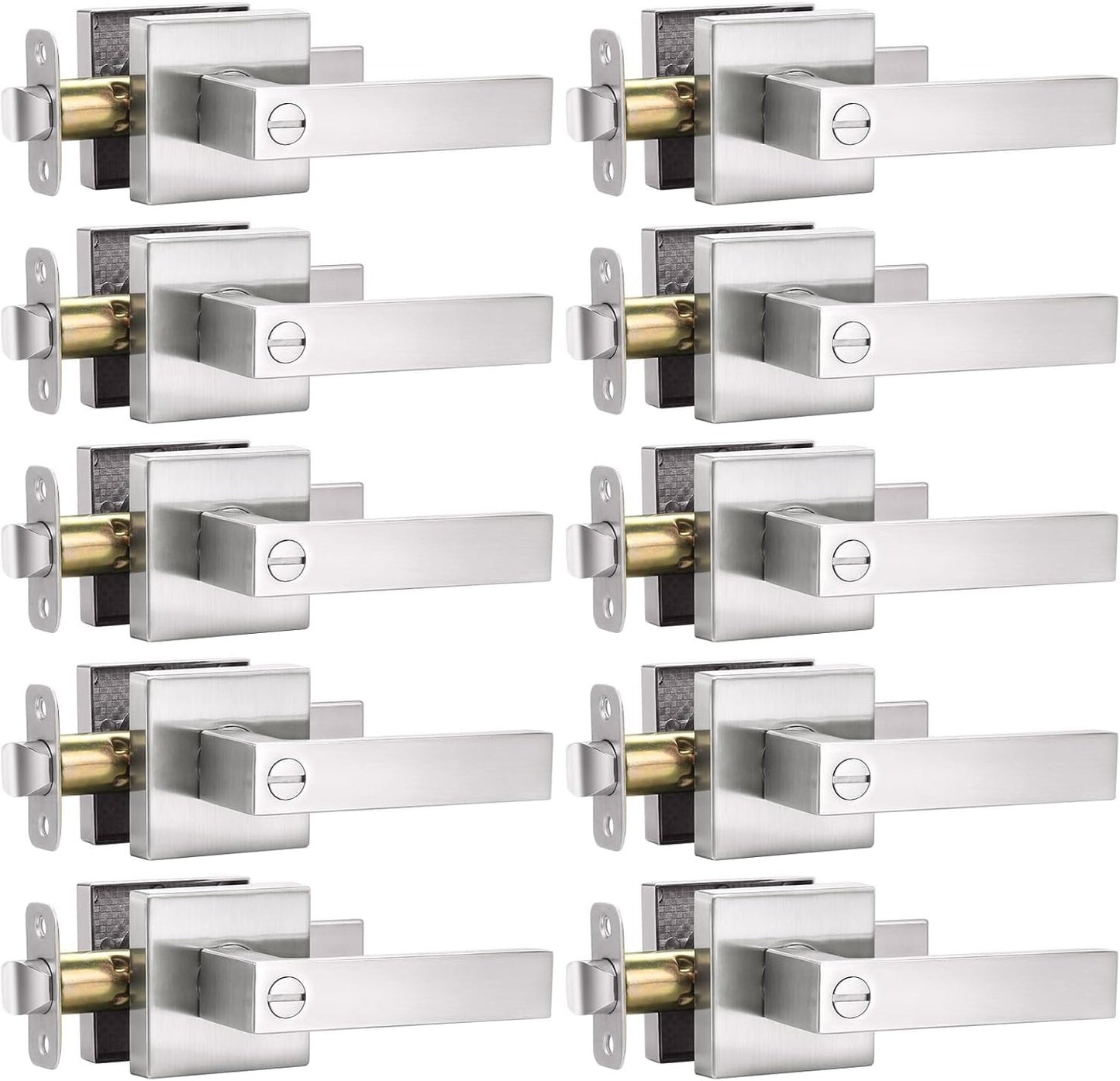 10 Pack Square Door Lever Privacy Lock Handleset in Satin Nickel