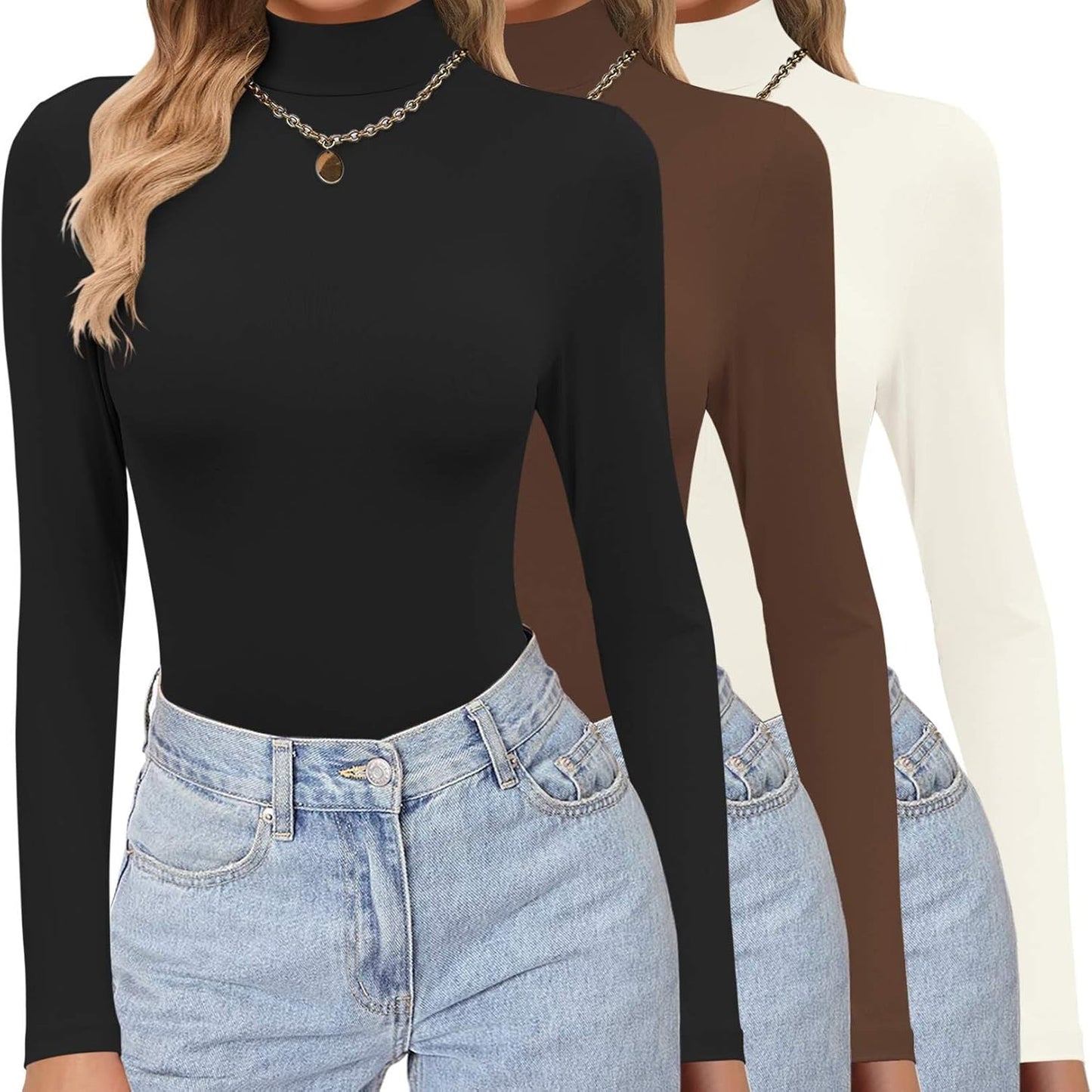 Ekouaer Women's Turtleneck Shirts 3 Pack Long Sleeve Tops