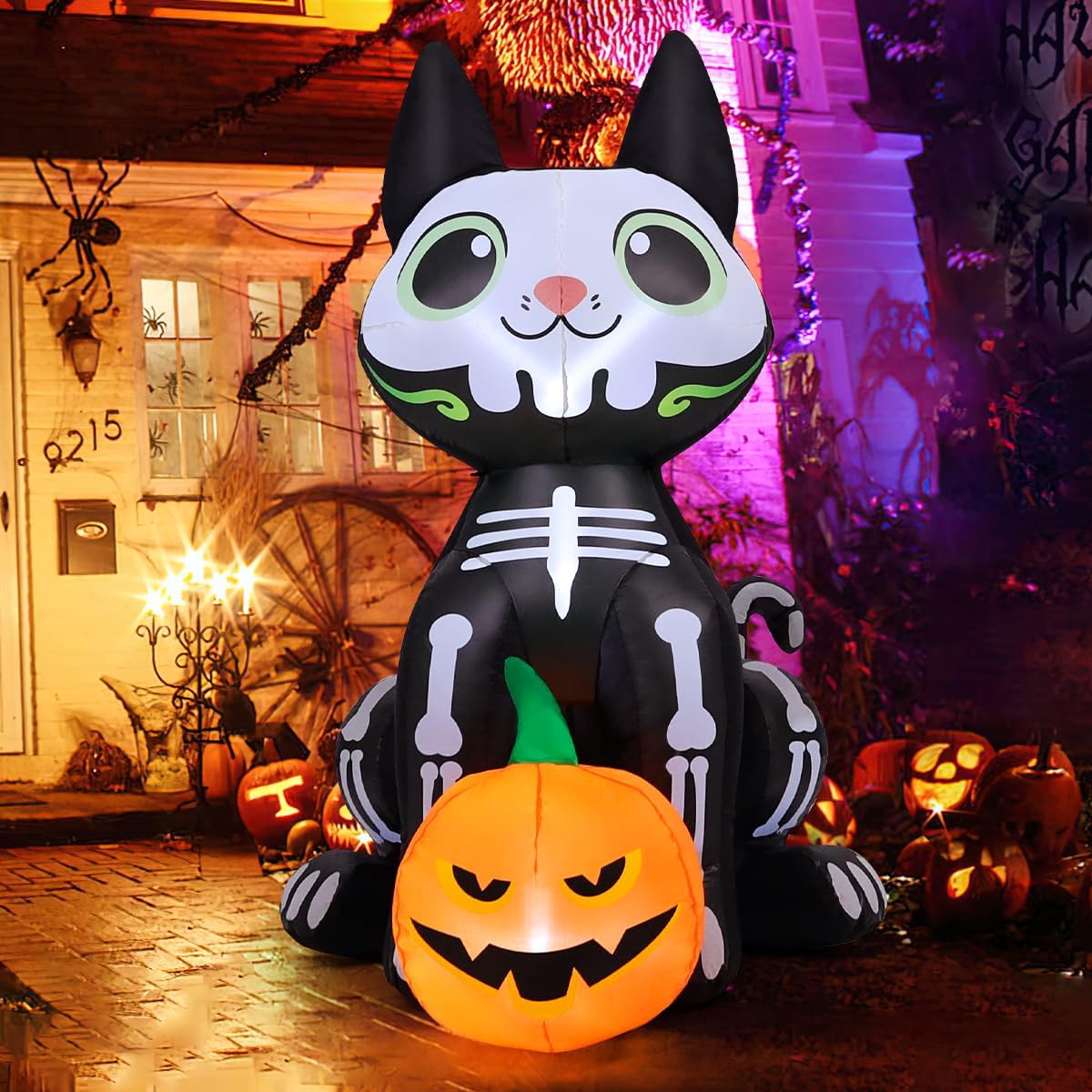 GOOSH 5 FT Halloween Inflatables Skeleton Cat for Yard Decor