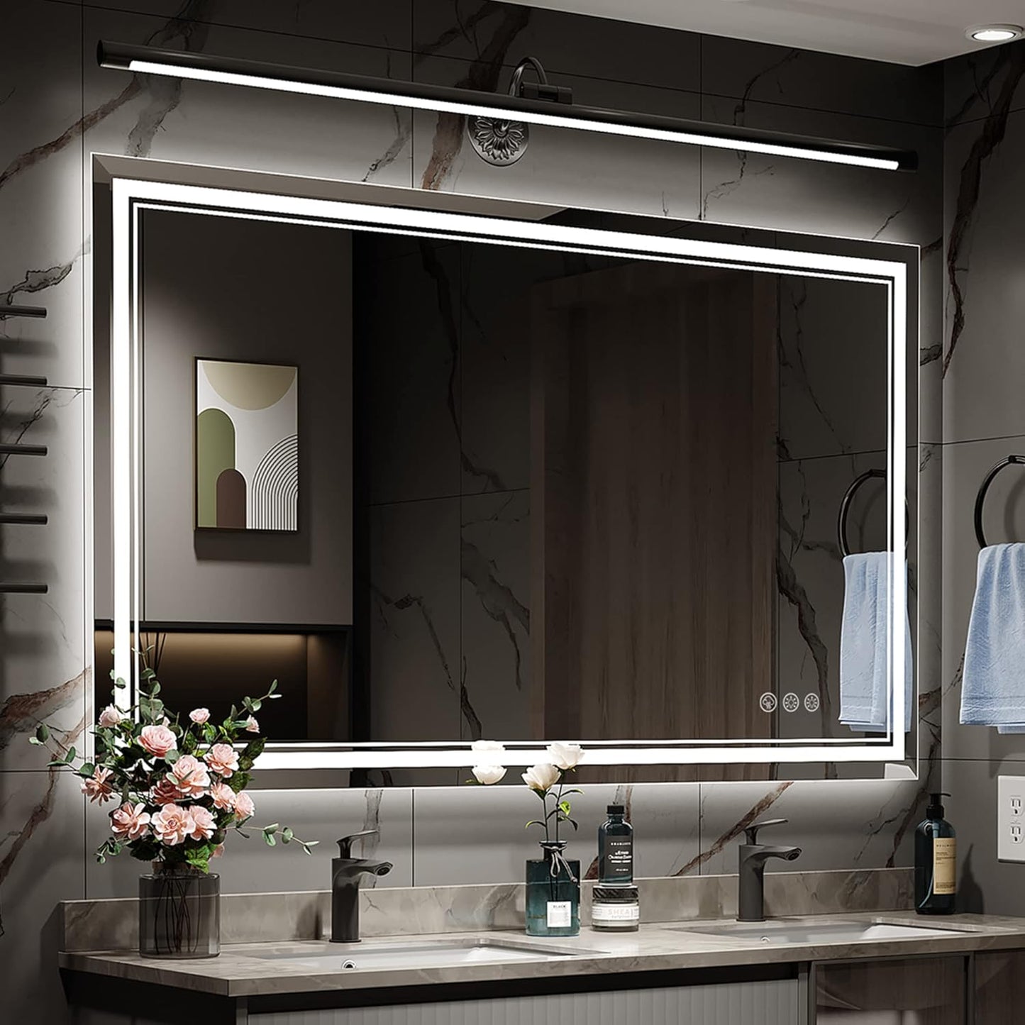 48x32 Inch LED Bathroom Mirror with Anti-Fog and Dimmable Lights
