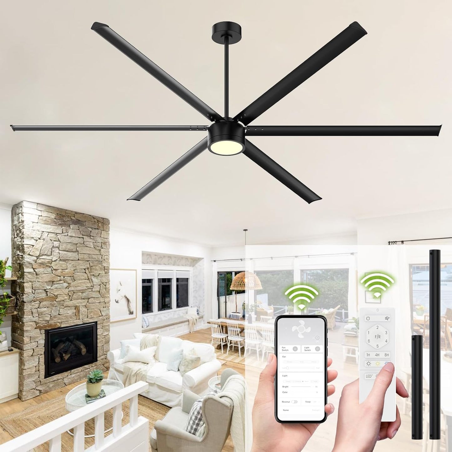 96 Inch Industrial Ceiling Fan with Light and Remote Control