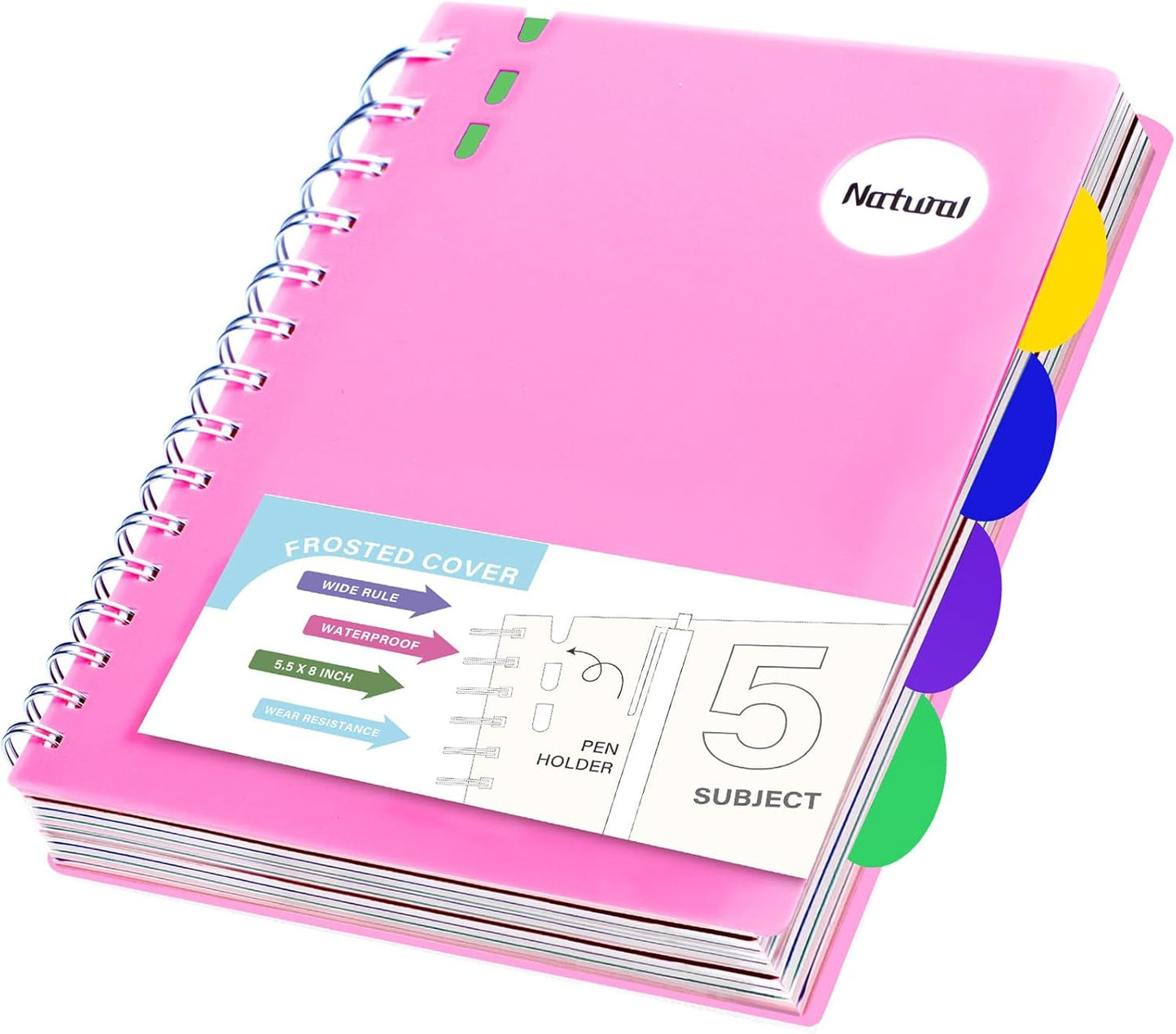Compact 5-Subject Spiral Notebook, 204 Lined Pages, Dividers, Pink