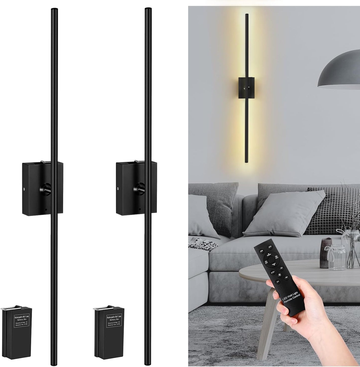 Battery Operated Wall Sconce Set of Two Dimmable LED Lights