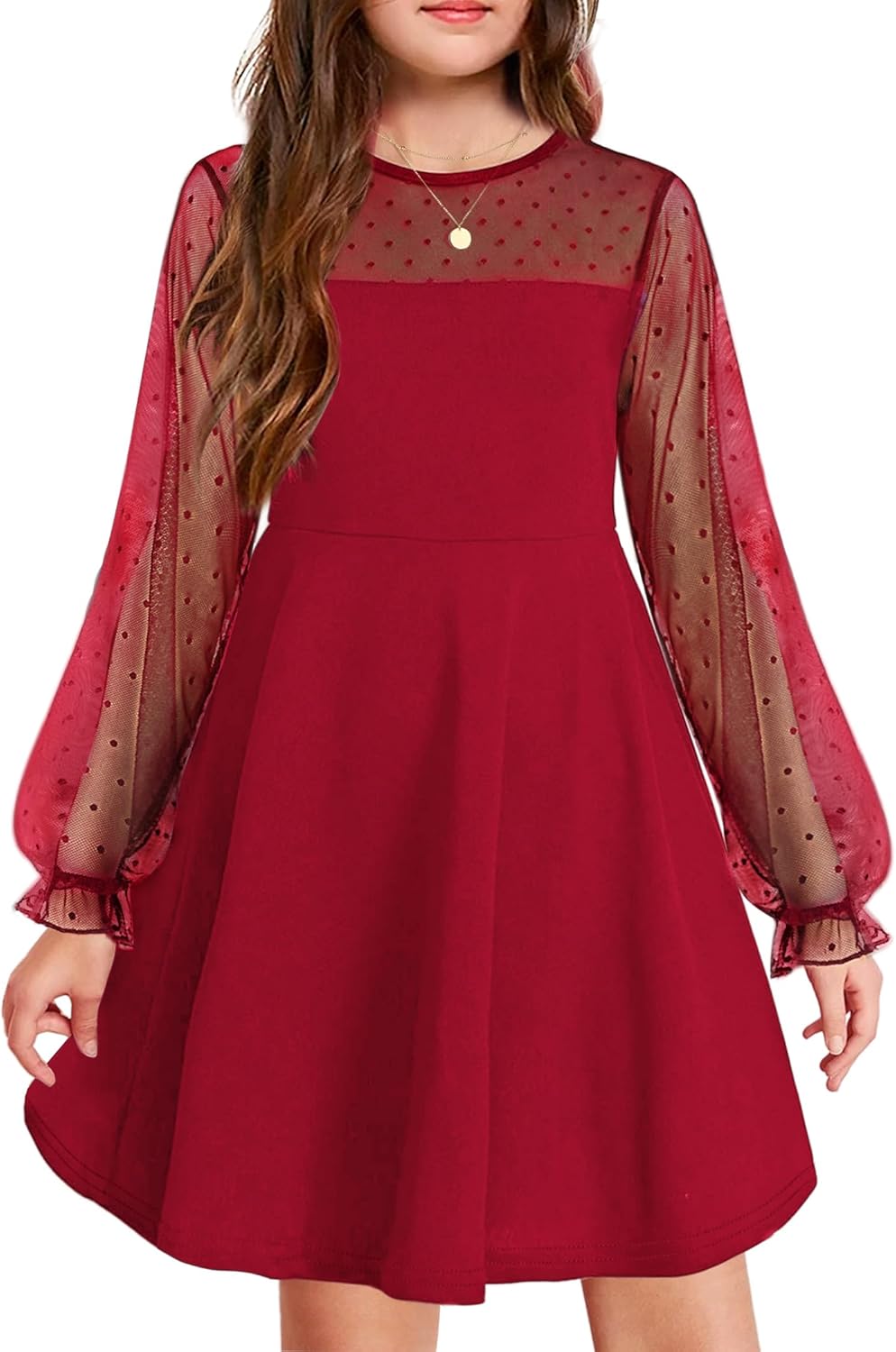 Arshiner Girl's Contrast Mesh Puff Long Sleeve Dress with Pockets