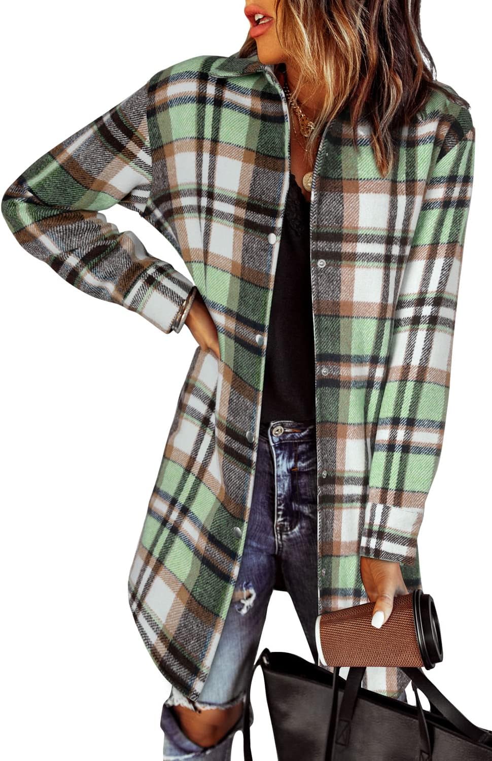 EVALESS Color Block Plaid Shacket Jacket for Women Fashion