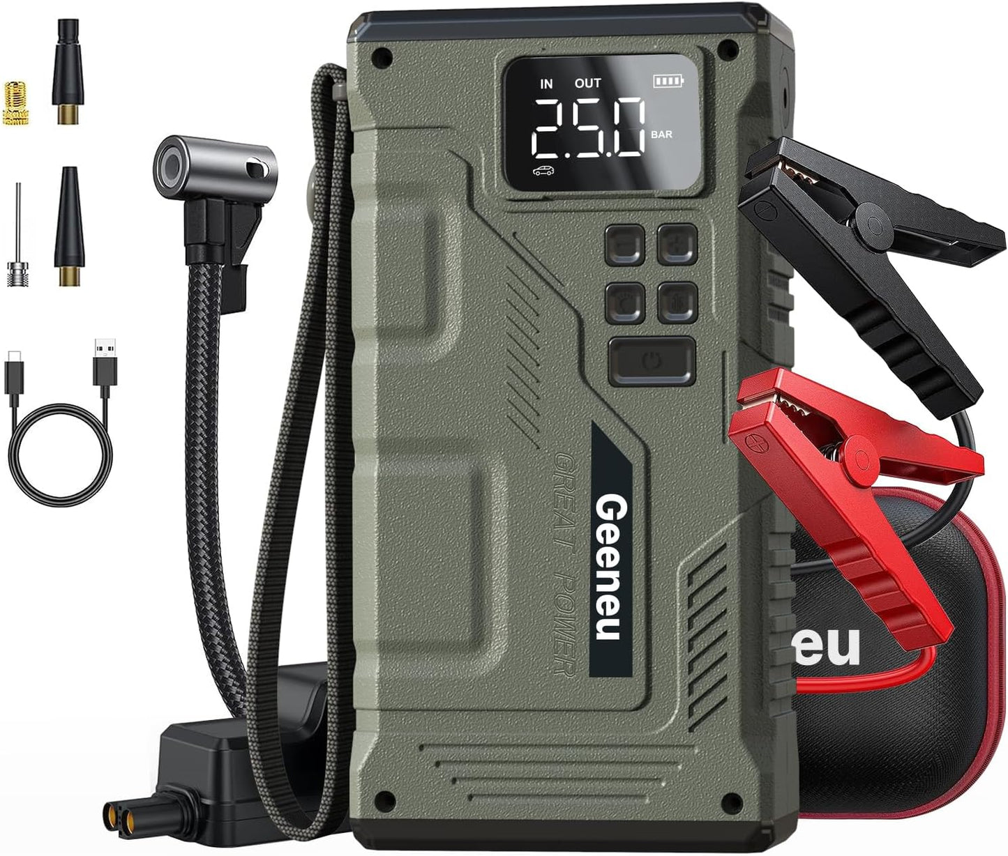 Geeneu Portable Jump Starter: 3500A Power & 150PSI Tire Inflator