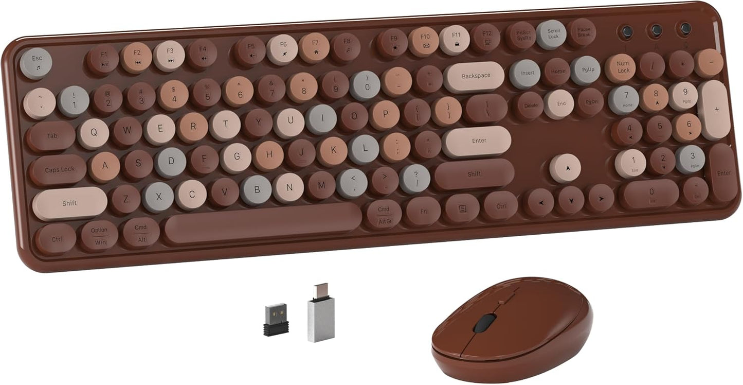 Retro Wireless Keyboard & Mouse Combo - Ergonomic Design, Round Keycaps, 2.4GHz, Coffee