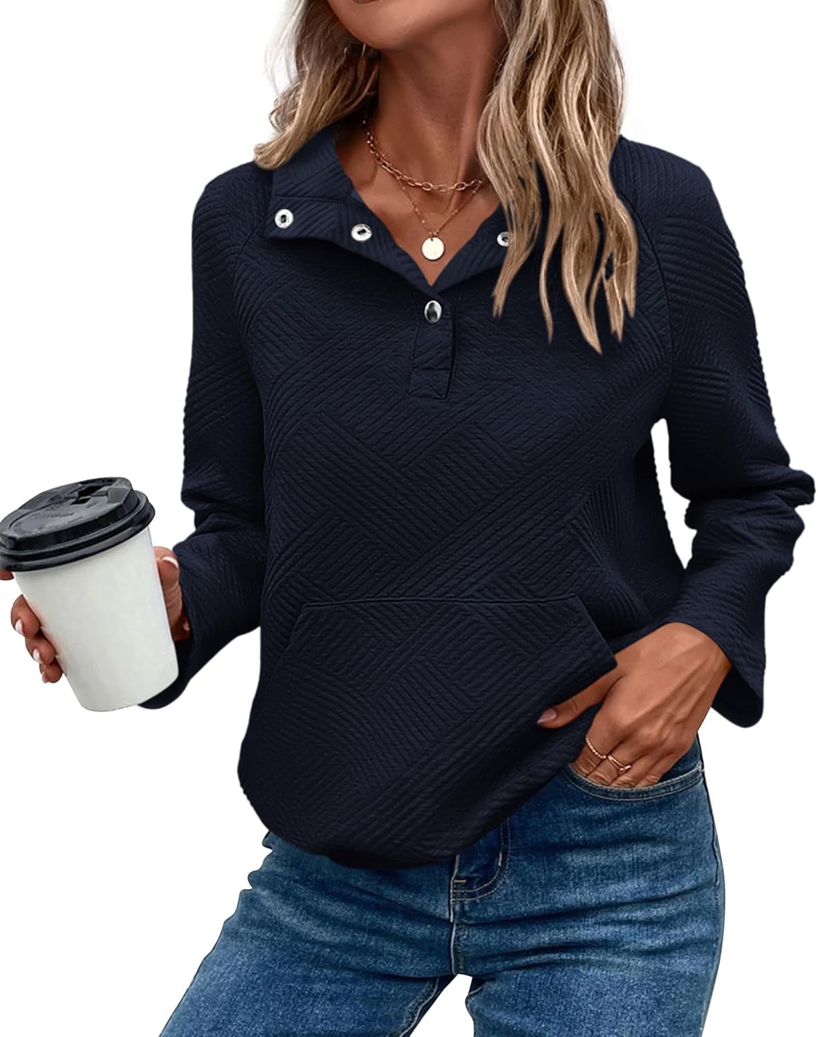 KIRUNDO Womens Casual Textured Long Sleeve Henley Pullover