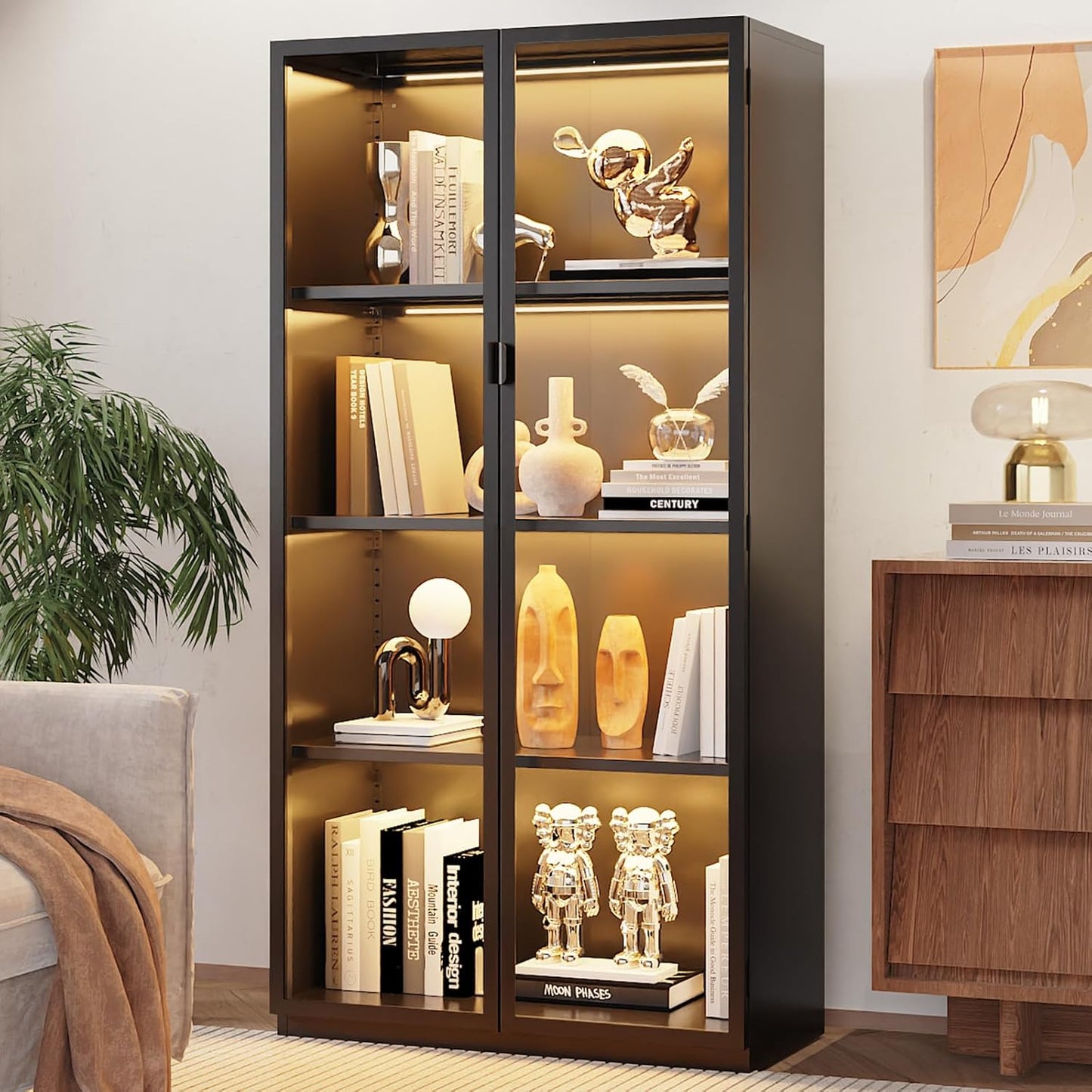 Display Cabinet with Glass Doors and LED Lights for Home Use
