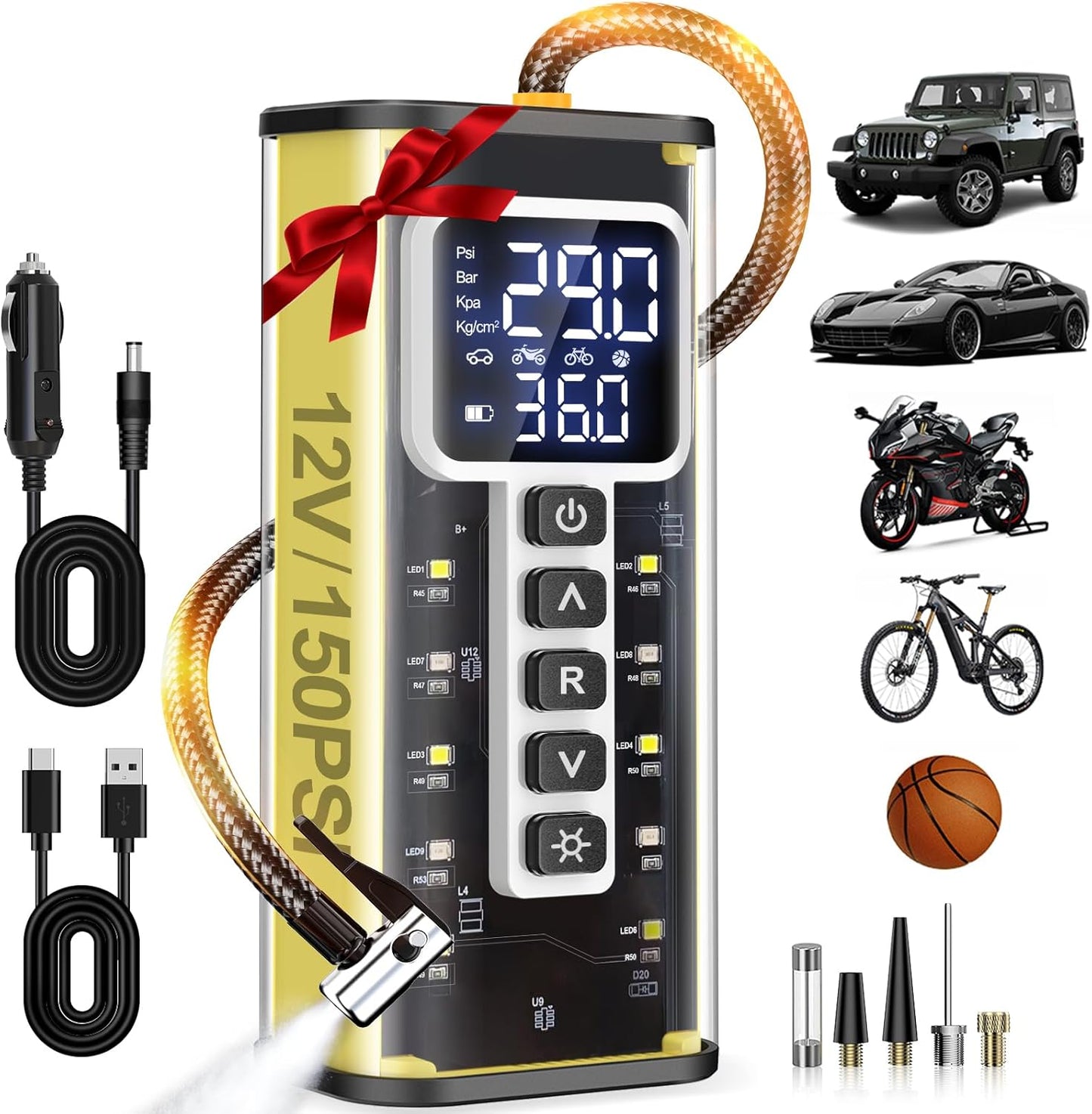 Fast Inflation Portable Tire Pump by Teffim - Auto Shut-Off & Pressure Gauge