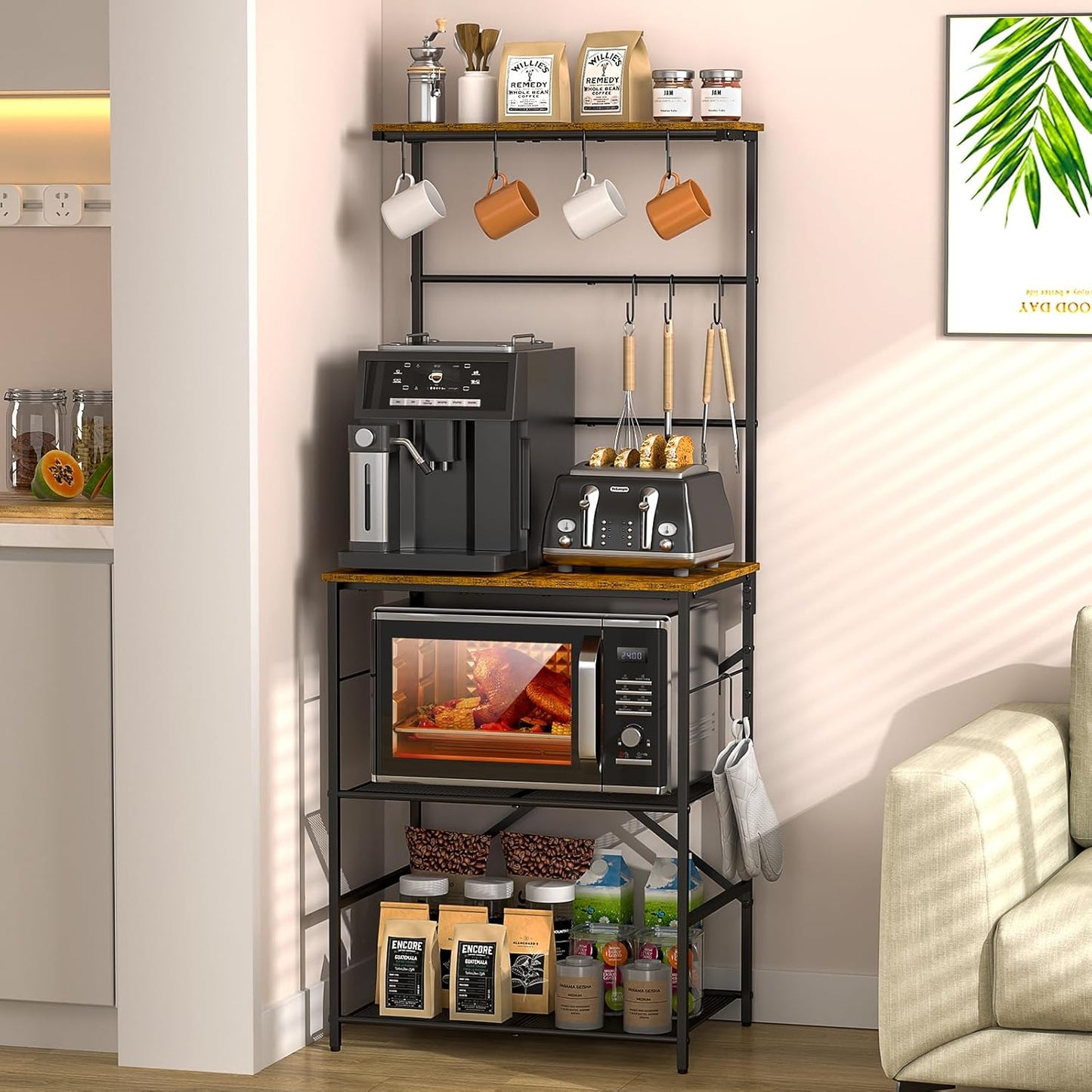 4 Tier Coffee Station with Hooks - Spacious & Stylish!