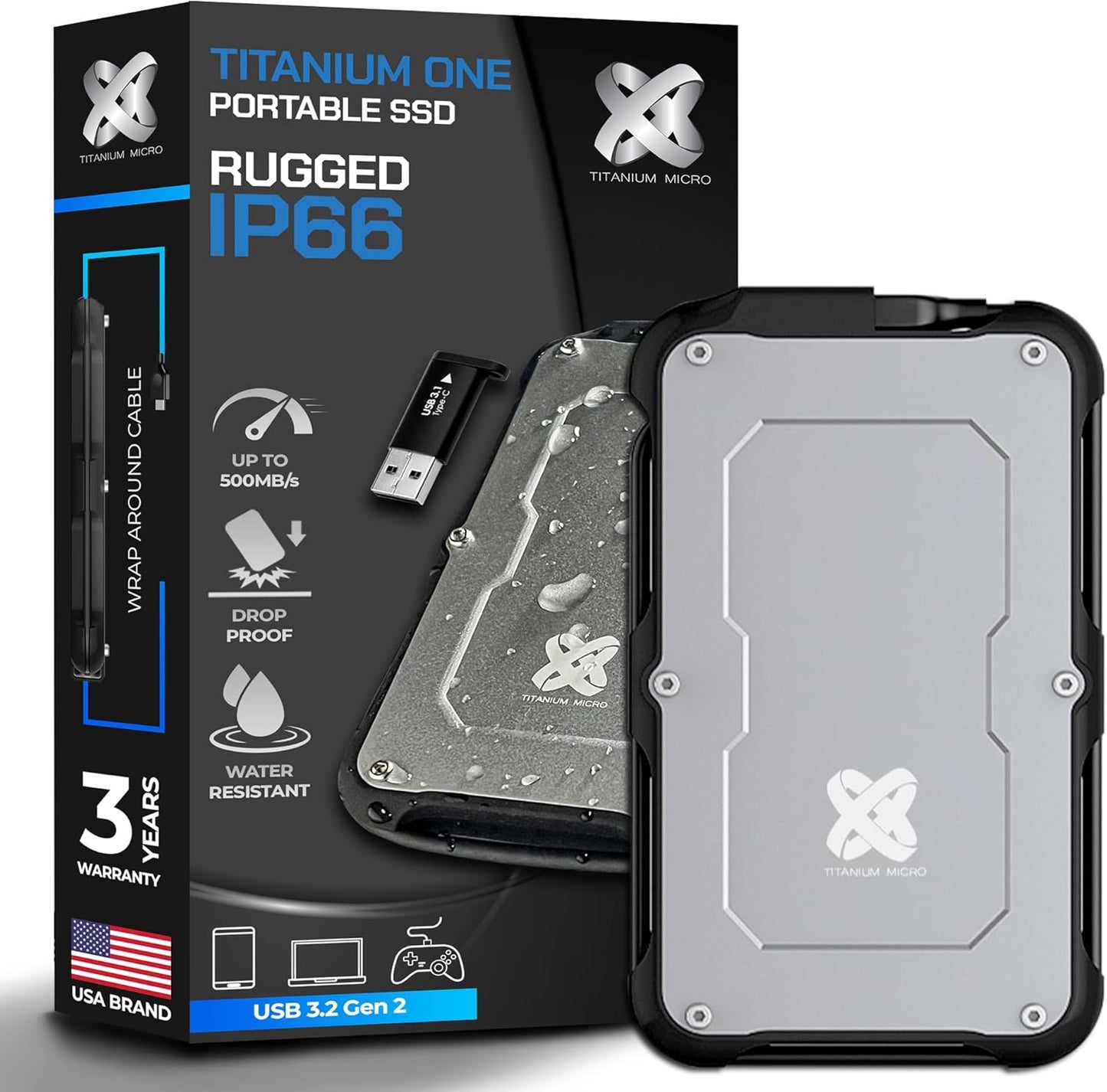 High-Speed 1TB Titanium External SSD - Rugged, Water Resistant!