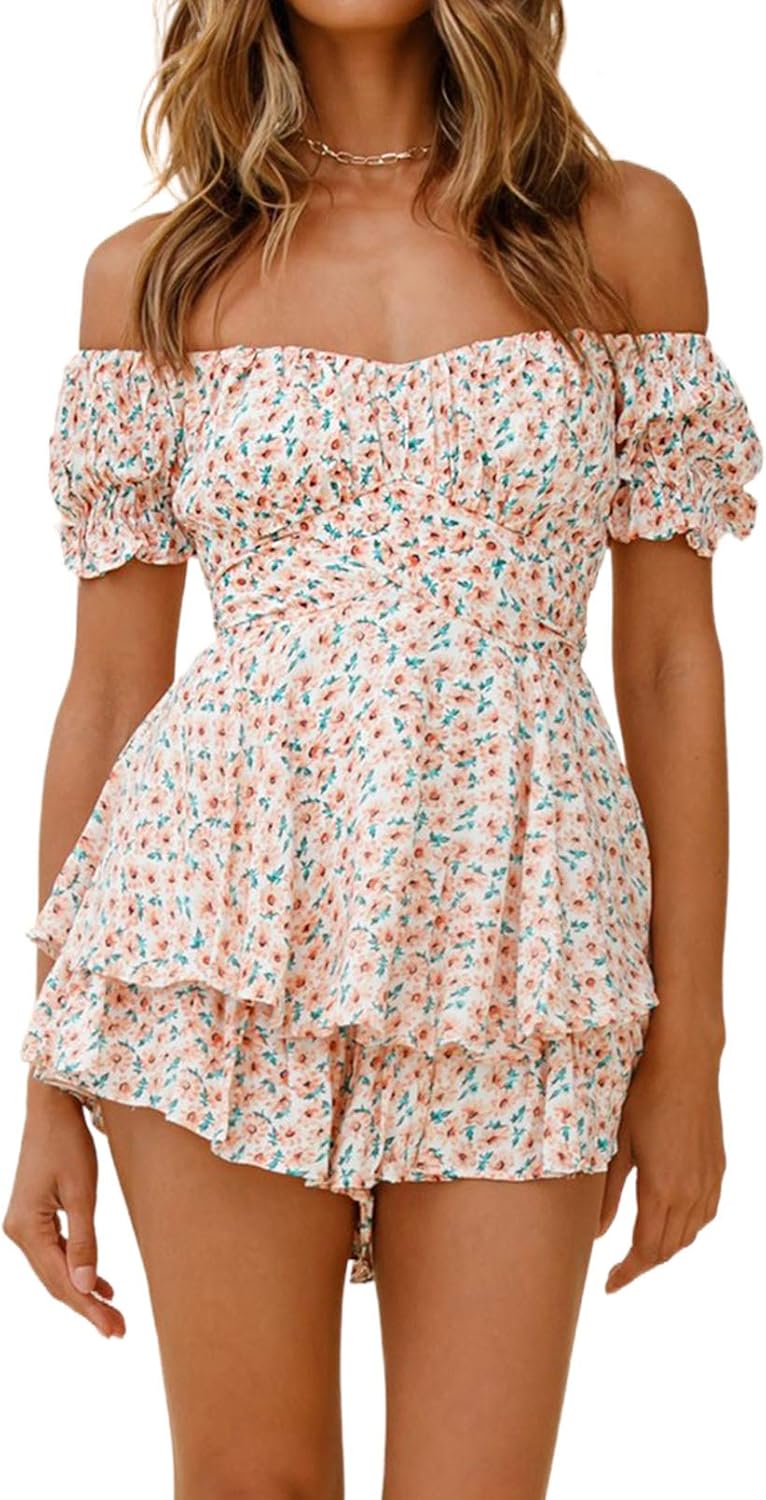 Boho Floral Off Shoulder Ruffle Chiffon Jumpsuit for Women