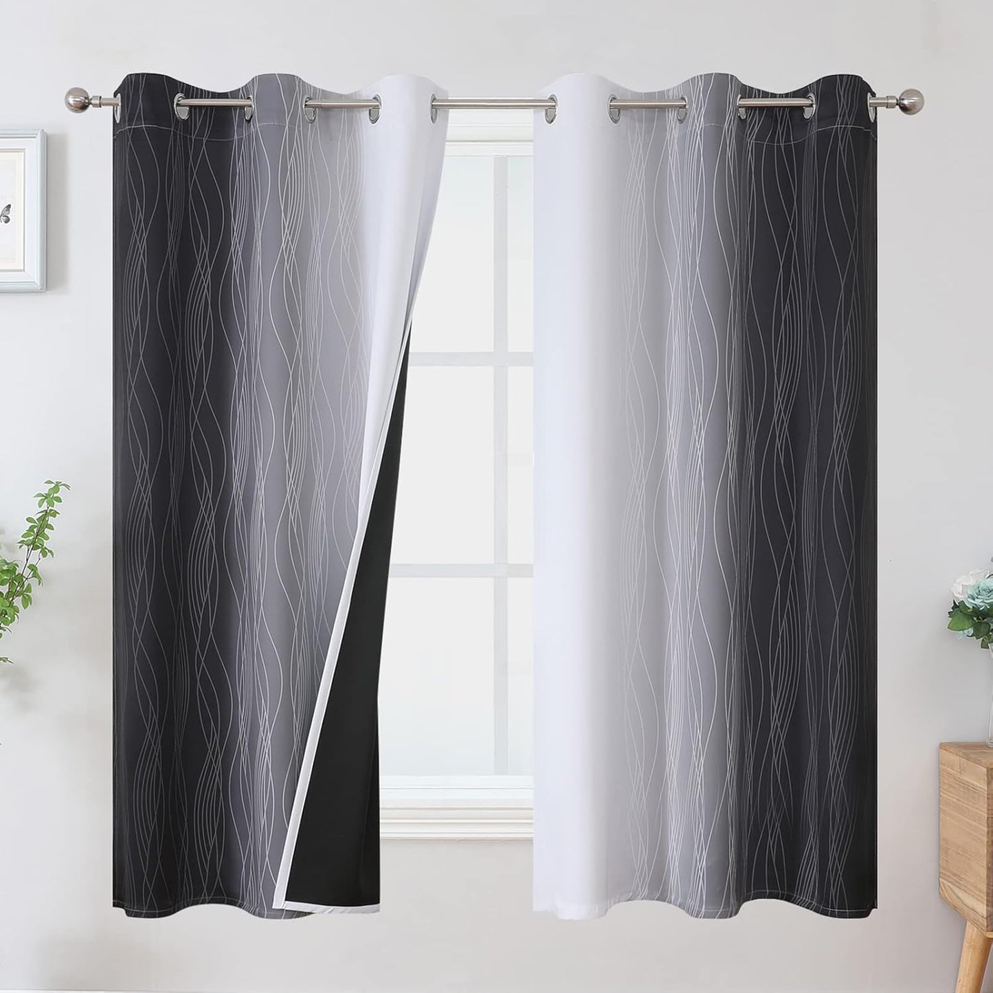 Ombre Greyish White and Black Blackout Curtains for Bedrooms