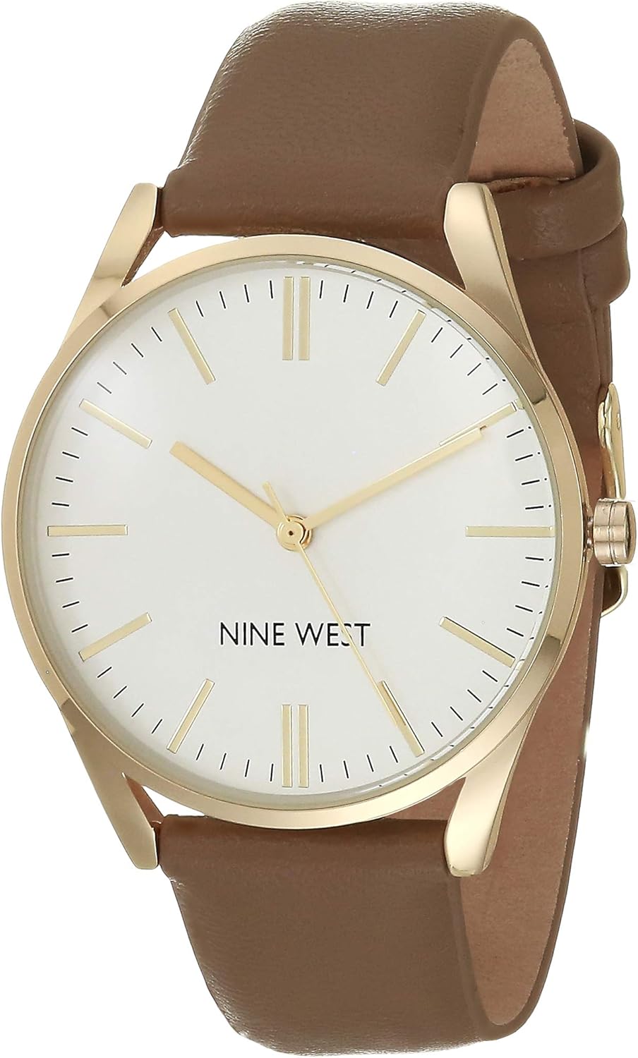 Nine West Women's Strap Watch with Matte White Dial and Brown Strap