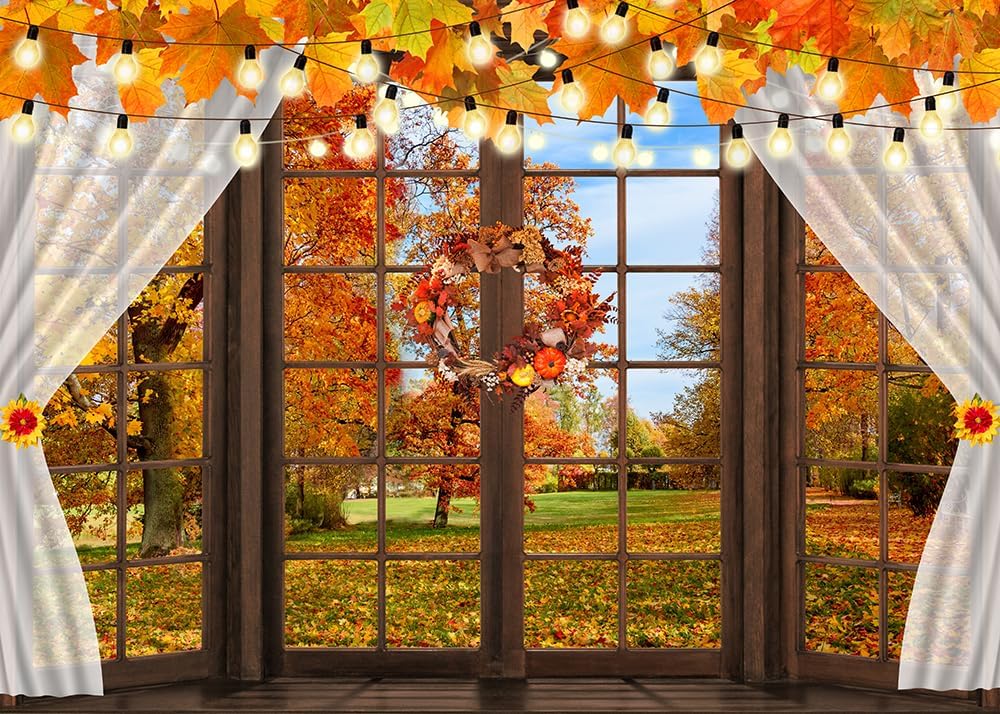 CHAIYA 10X8FT Fall Windowsill Backdrop for Thanksgiving