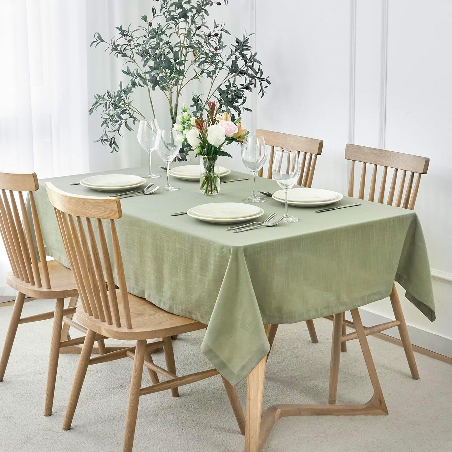Lux Faux Linen Table Cloth for Dining Table 60 x 140 Inch Sage Green