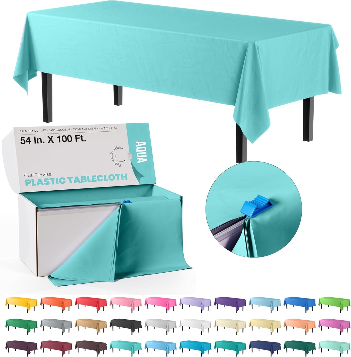 Party Solids Aqua Plastic Table Cover Roll for Easy Use