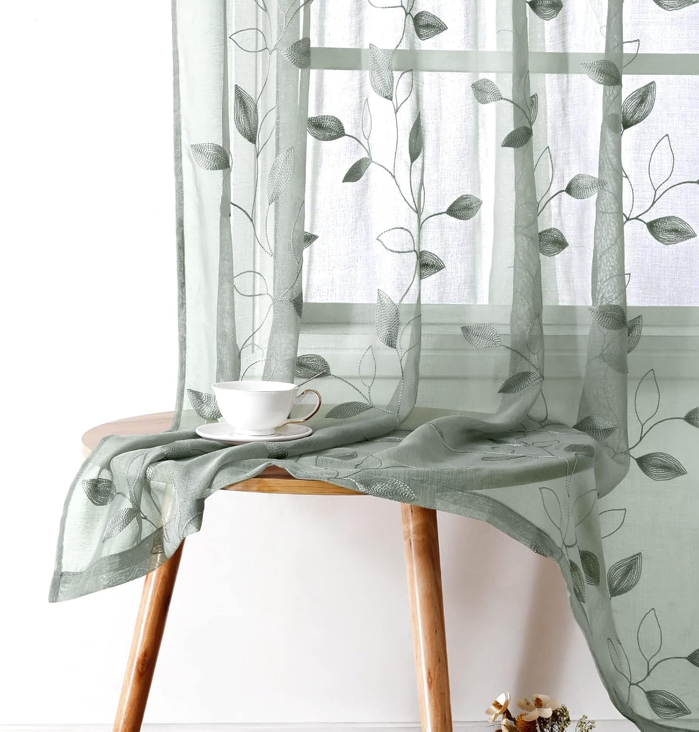 Sage Green Floral Sheer Curtains Set - 52x63 - Elegant Home Decor