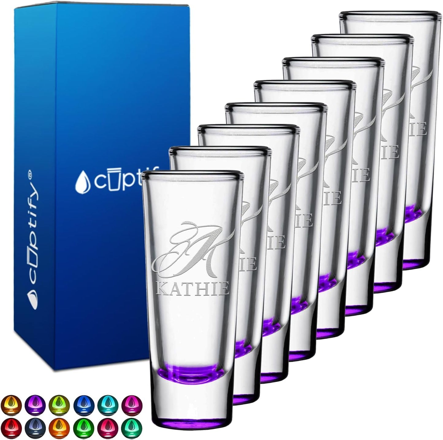 Personalized Shot Glasses Set of 8 with Elegant Purple Bottom