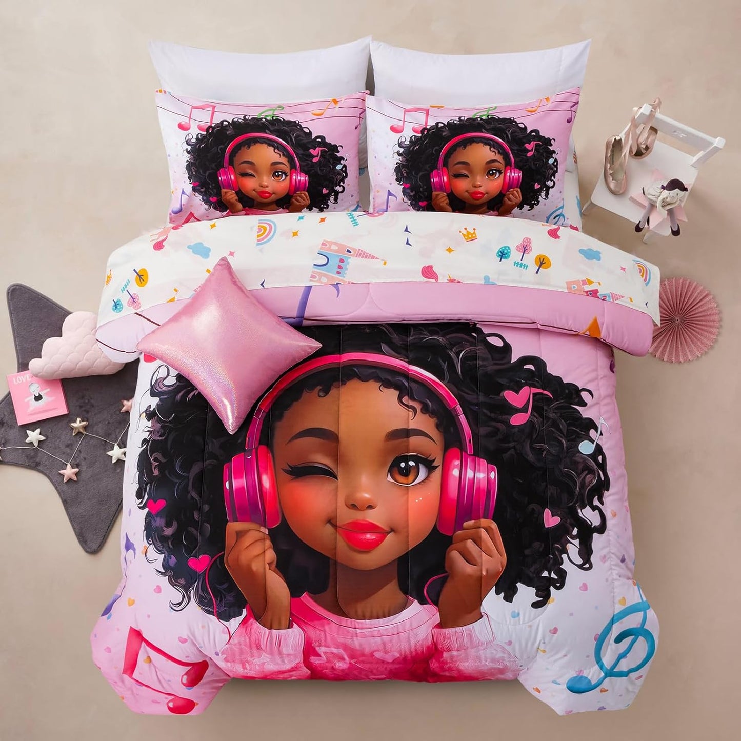 A Nice Night Pink Comforter Sets for Kids, Girls - 6Pcs Bedding