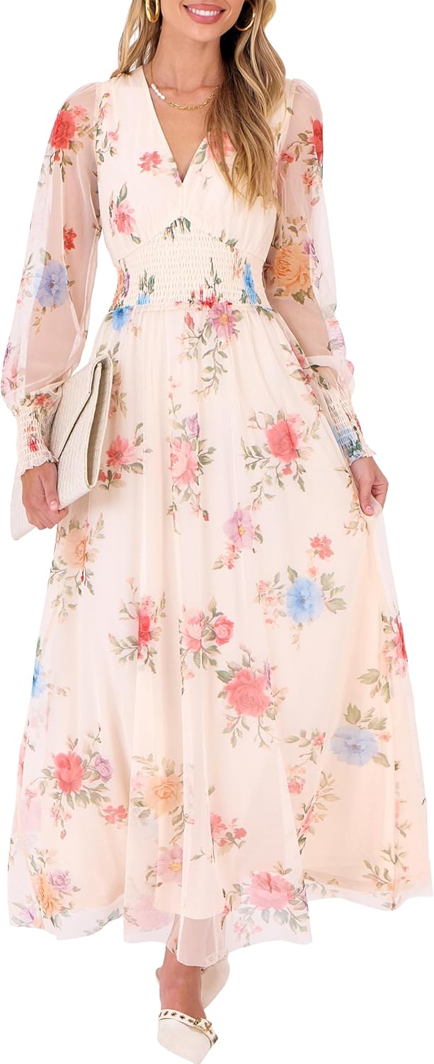Floral Maxi Dress for Women - Puff Sleeve V Neck Style