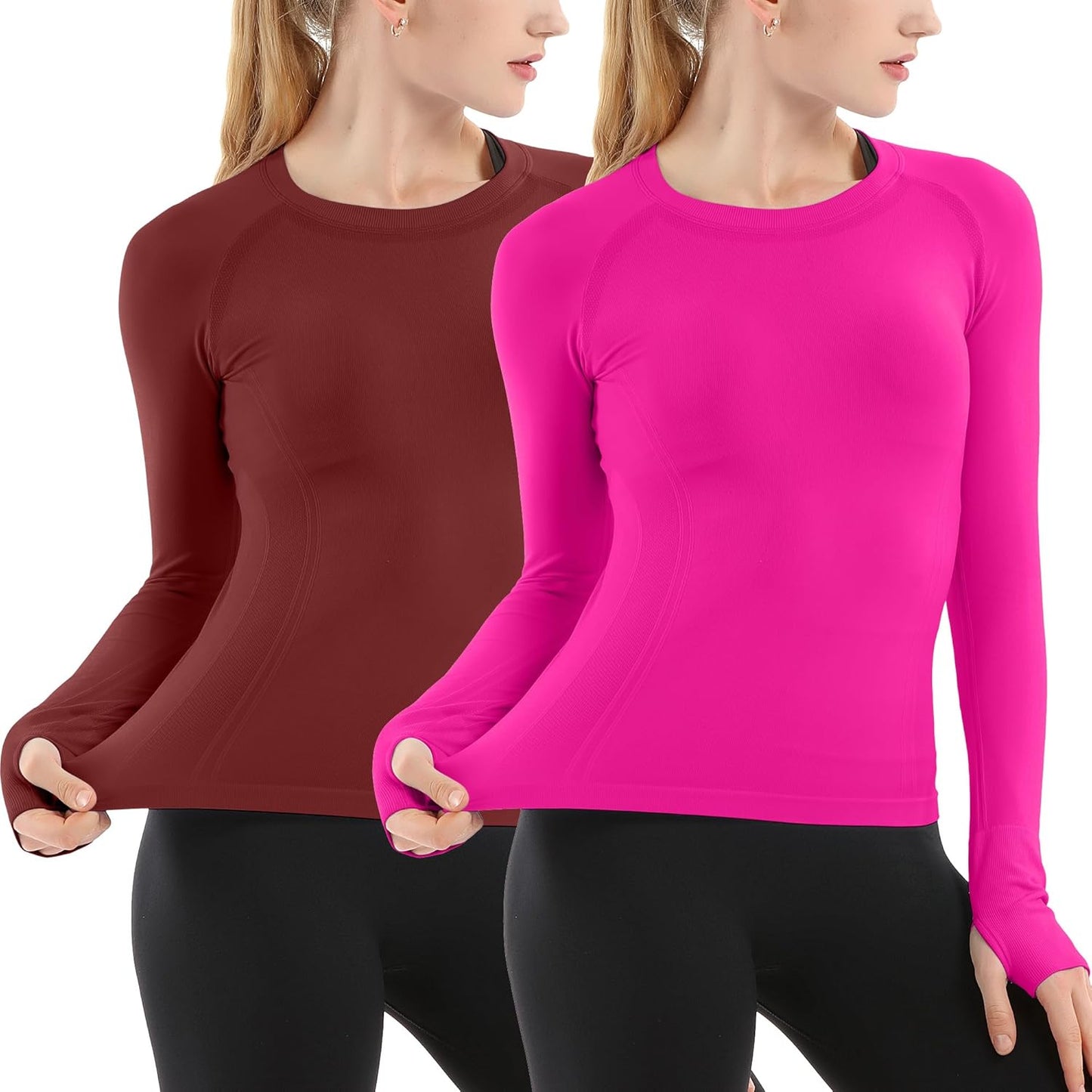MathCat Seamless Workout Shirts for Women Long Sleeve 2 Pack