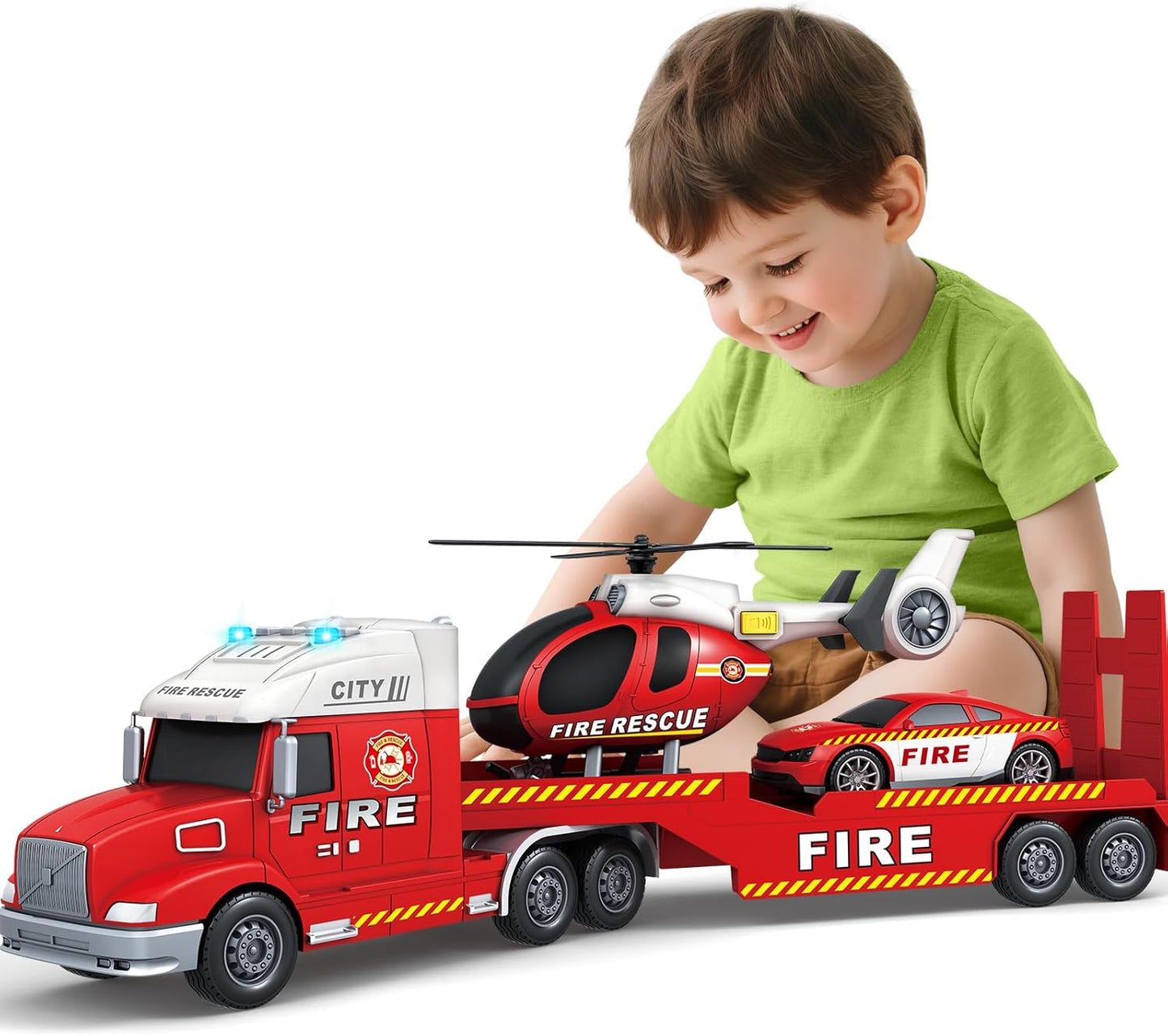 Kids 27-Inch Fire Truck Toy with Racing Car and Helicopter