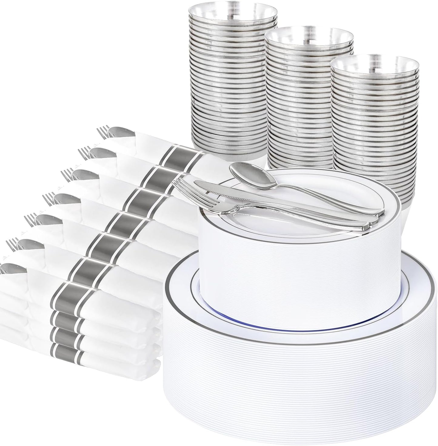 WELLIFE 350-Piece Silver Plastic Dinnerware Set for Elegant Events