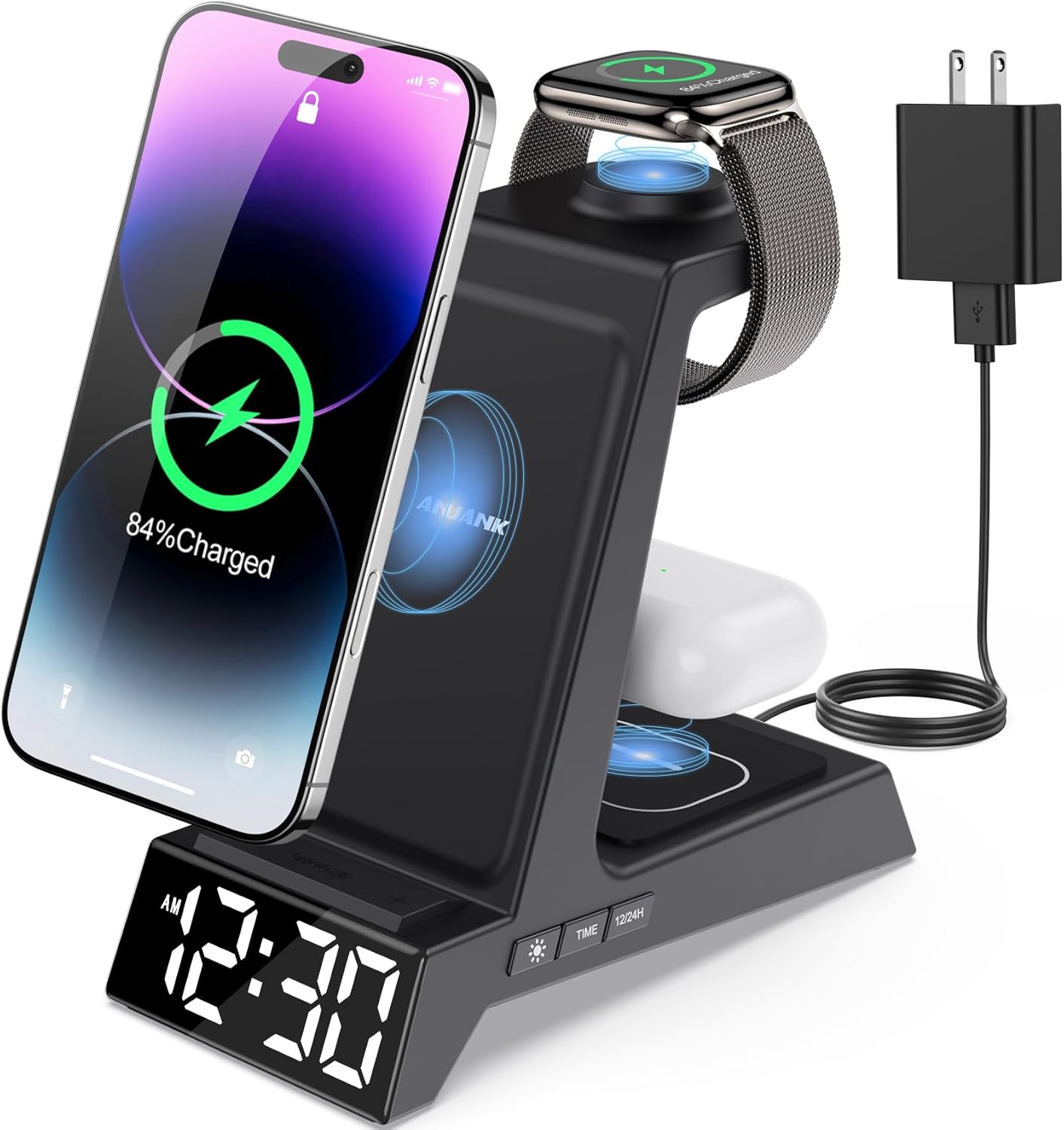 4 in 1 Wireless Charging Station with Alarm Clock for Apple Devices