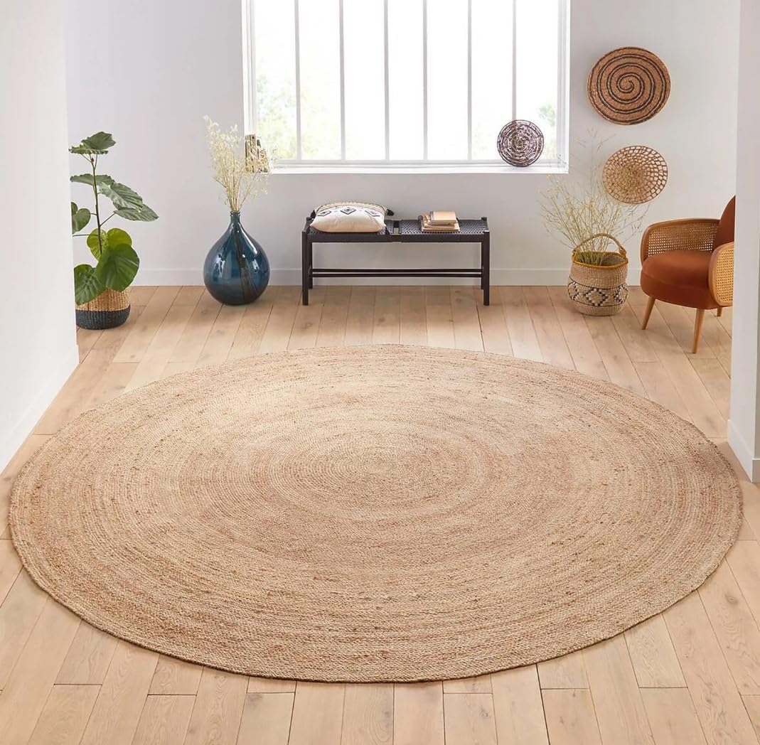 Handwoven Jute Area Rug - 4 Feet Round Natural Yarn Design