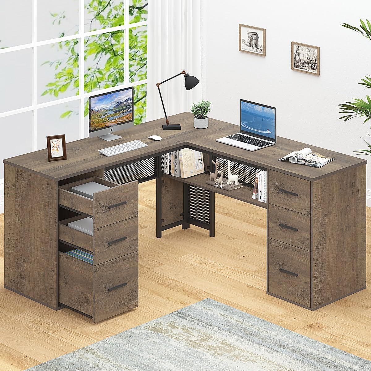 Rustic L-shaped Desk with Storage - HSH 59 - Rustic Charm