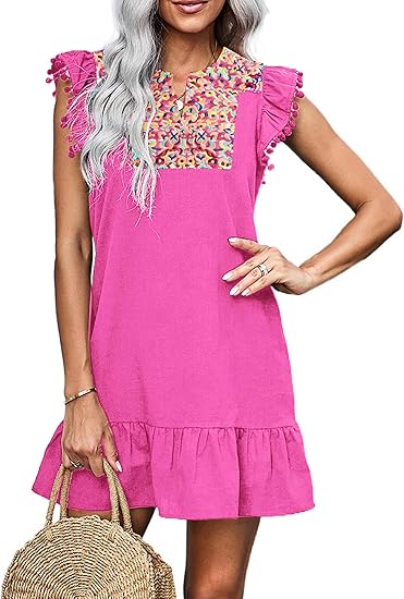 KIRUNDO Women's Mini Dress Casual V Neck Floral Embroidered Ruffle